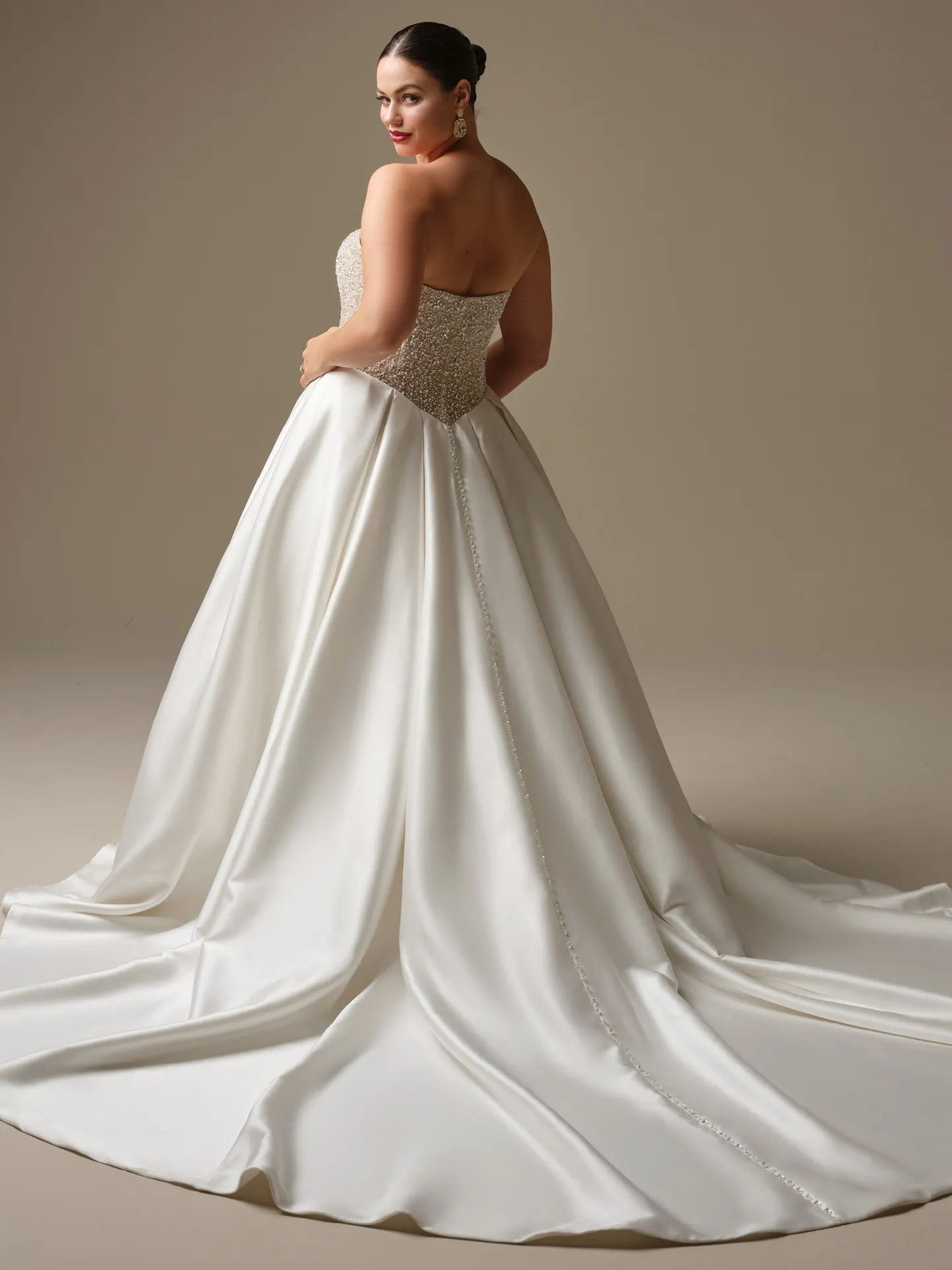 Sottero and Midgley Dmara, back view beaded bodice satin ballgown wedding dress.