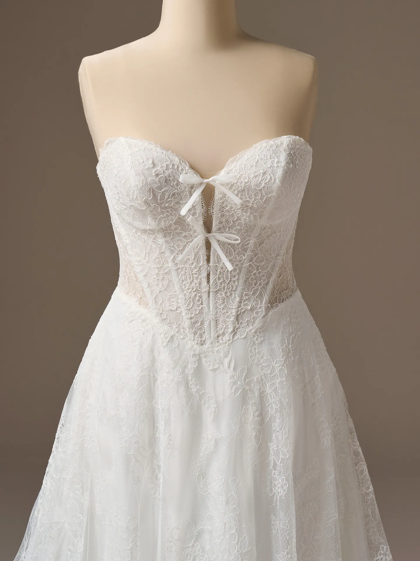 Sottero and Midgley Granger lace strapless A-line wedding dress, front view.