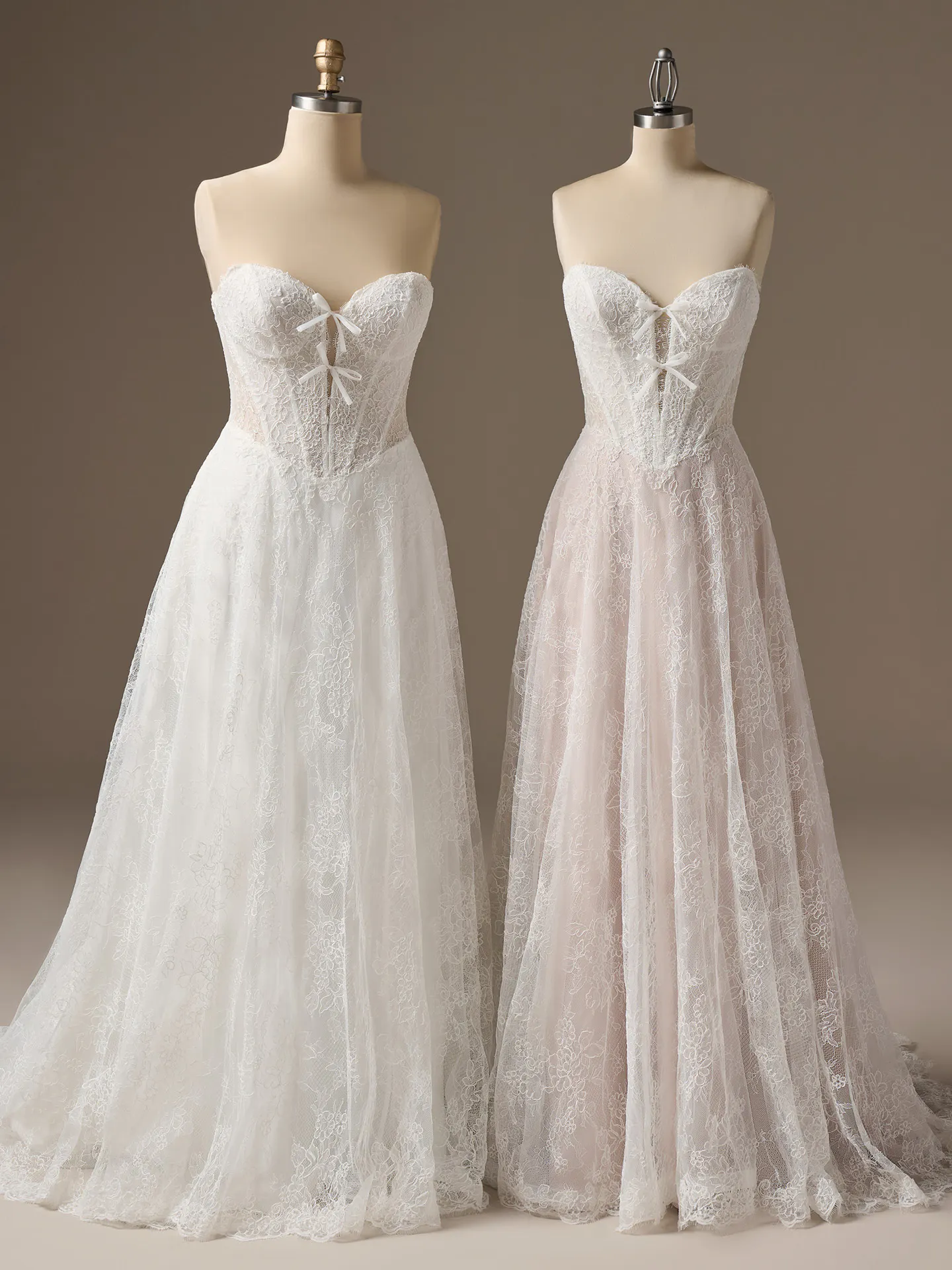 Sottero and Midgley Granger Chantilly lace A-Line wedding dresses, front view.