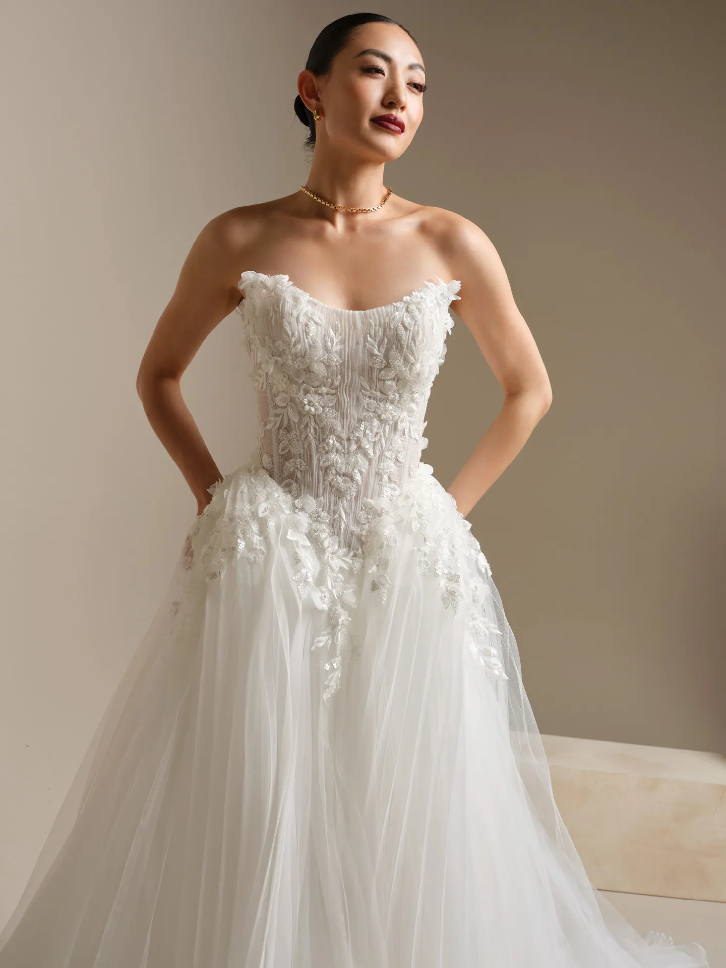 Sottero and Midgley Jayna 3-D floral beaded lace organza ballgown, front view Sottero and Midgley.