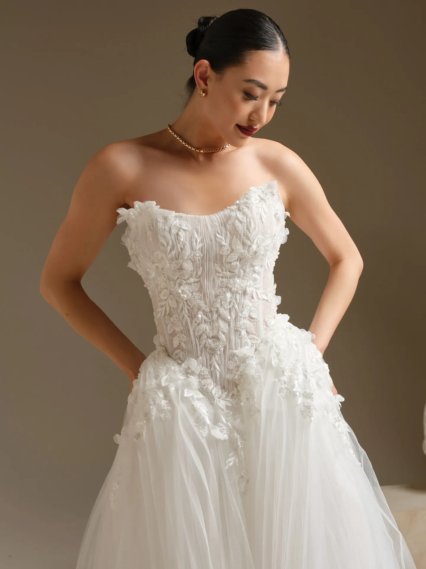Sottero and Midgley Jayna 3-D floral beaded lace organza ballgown, front view Sottero and Midgley.
