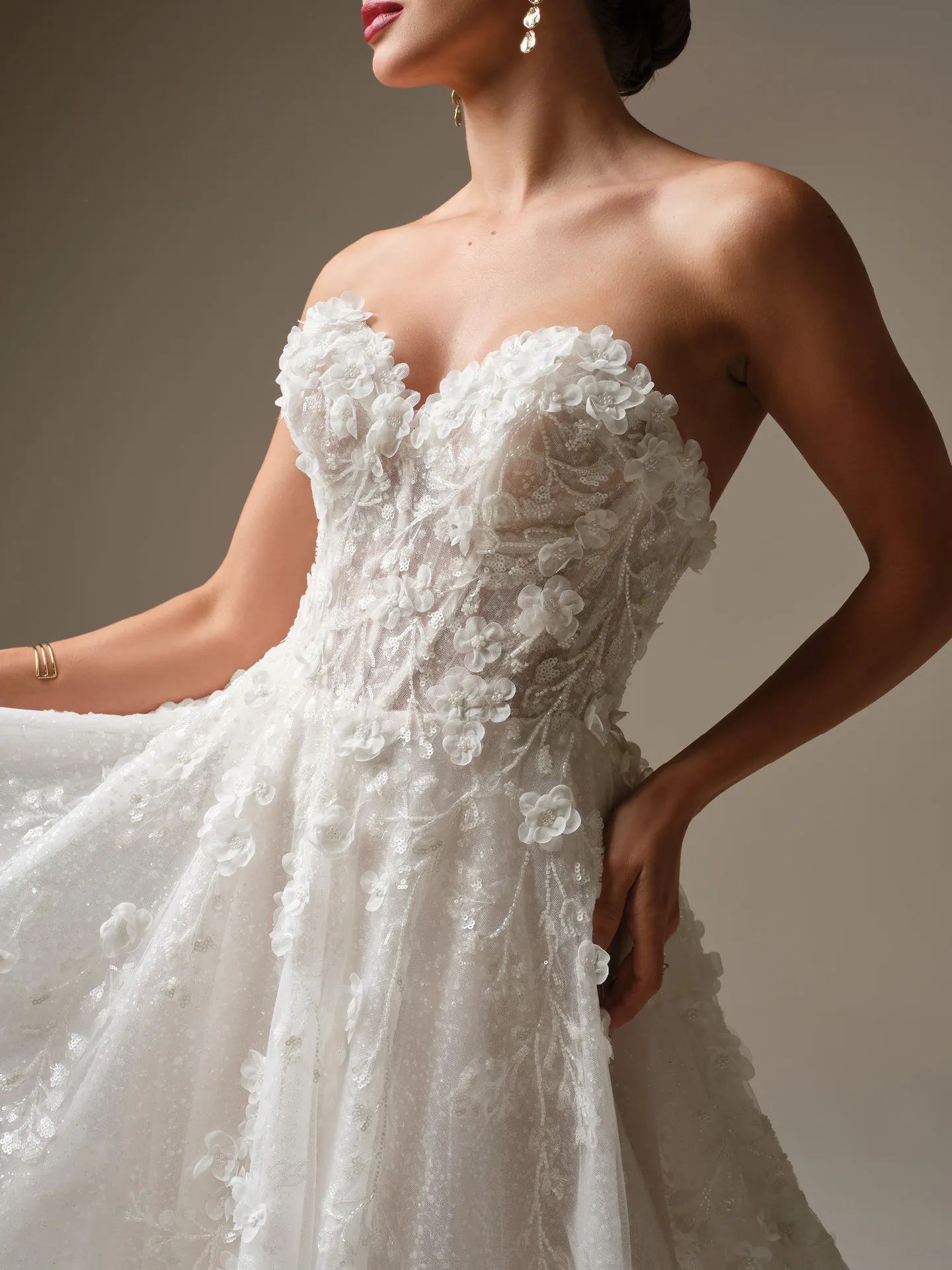 Sottero and Midgley Kalinda sweetheart 3-D floral lace ballgown, front view.