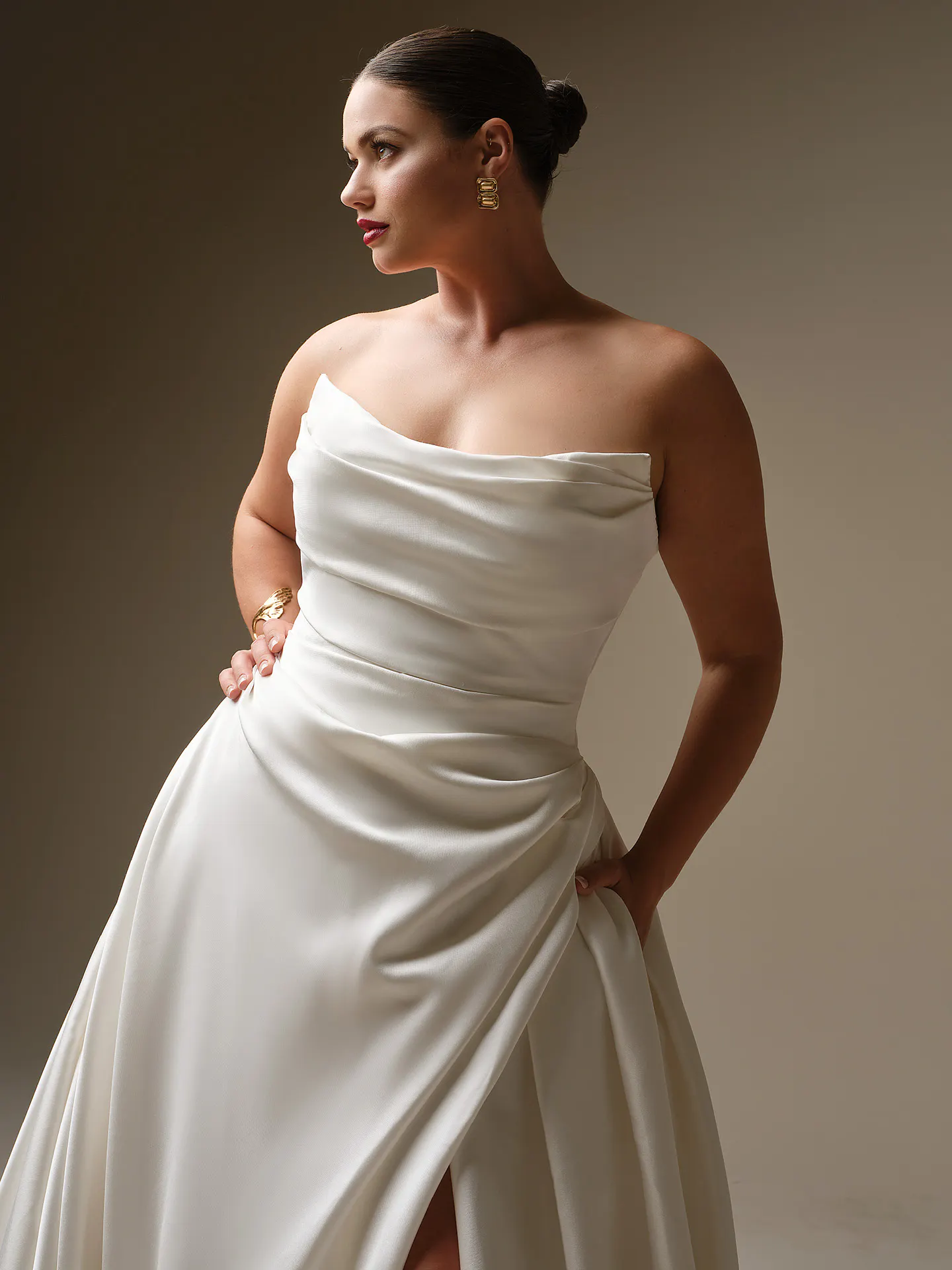 Sottero and Midgley Kincaid ballgown, front view with thigh-high slit.