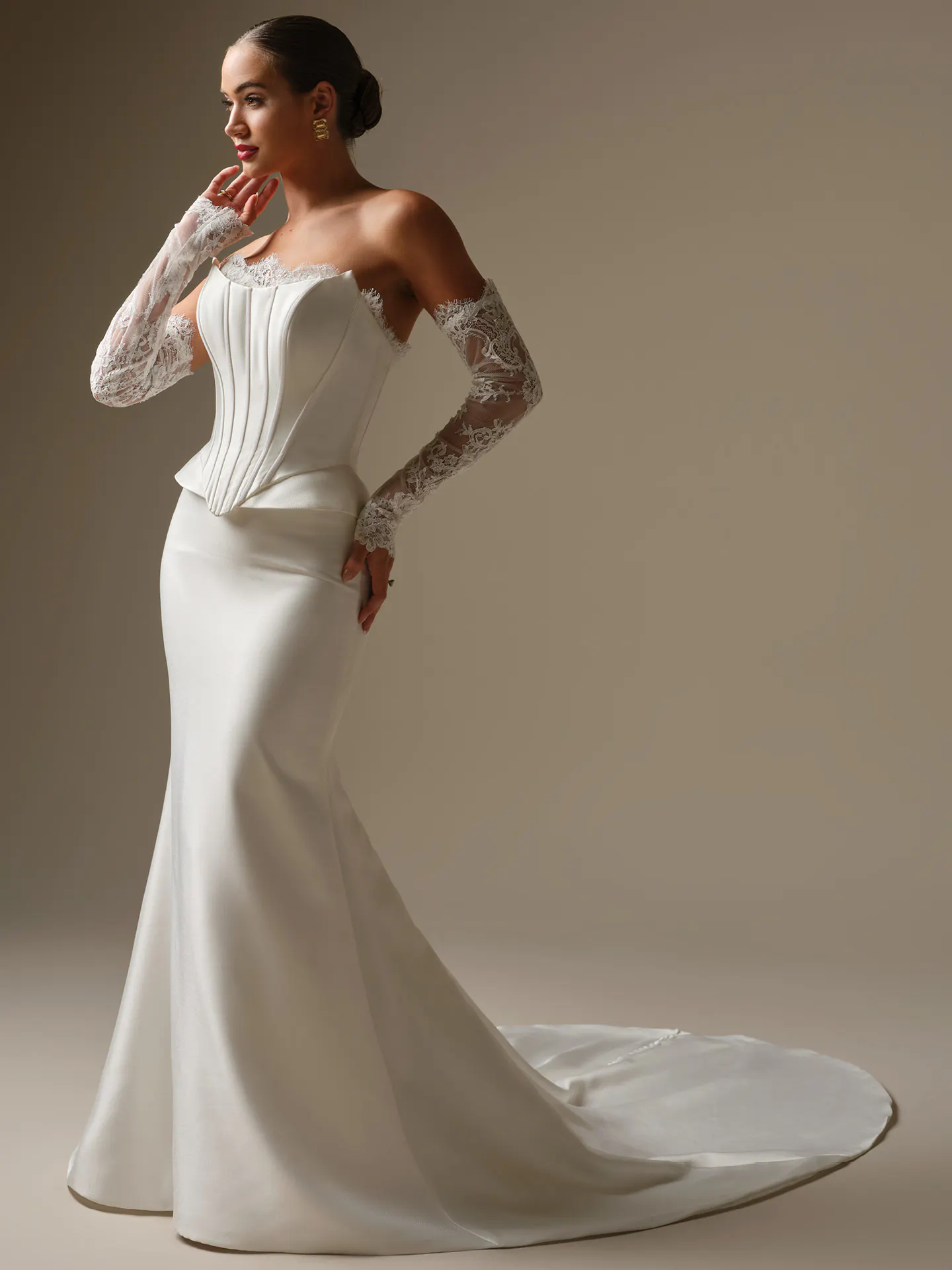 Sottero and Midgley Lassen Marie, side view strapless mikado corset sheath wedding dress.