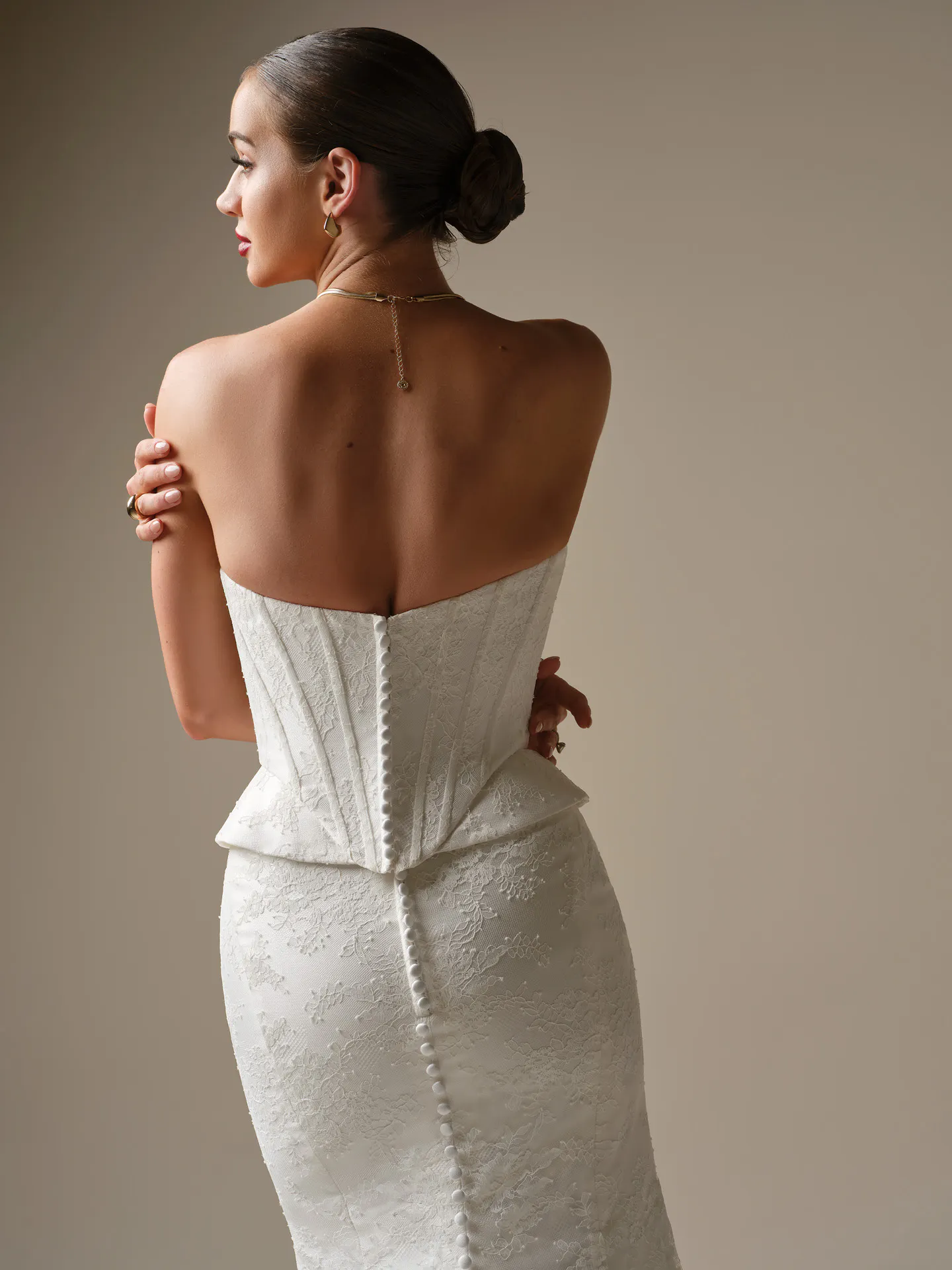 Sottero and Midgley Lassen, back view lace sheath wedding dress.