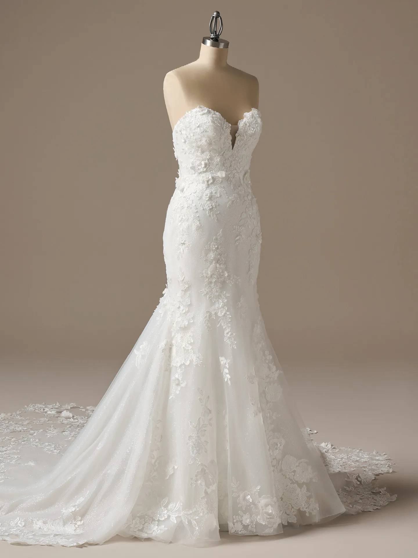 Sottero and Midgley Rashida beaded lace fit-and-flare wedding dress on mannequin, front view.
