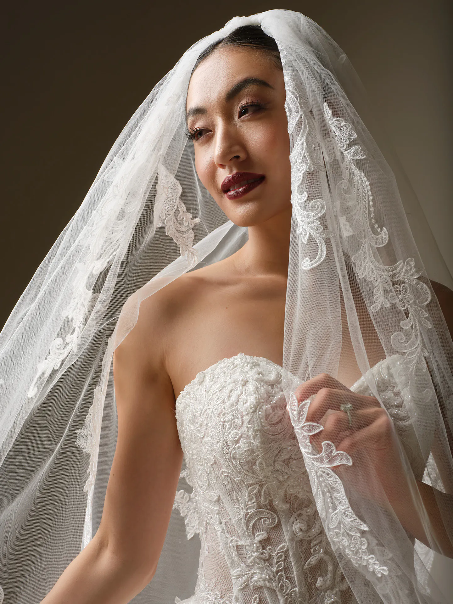 Sottero and Midgley Zulani strapless beaded lace ballgown, front view with veil.