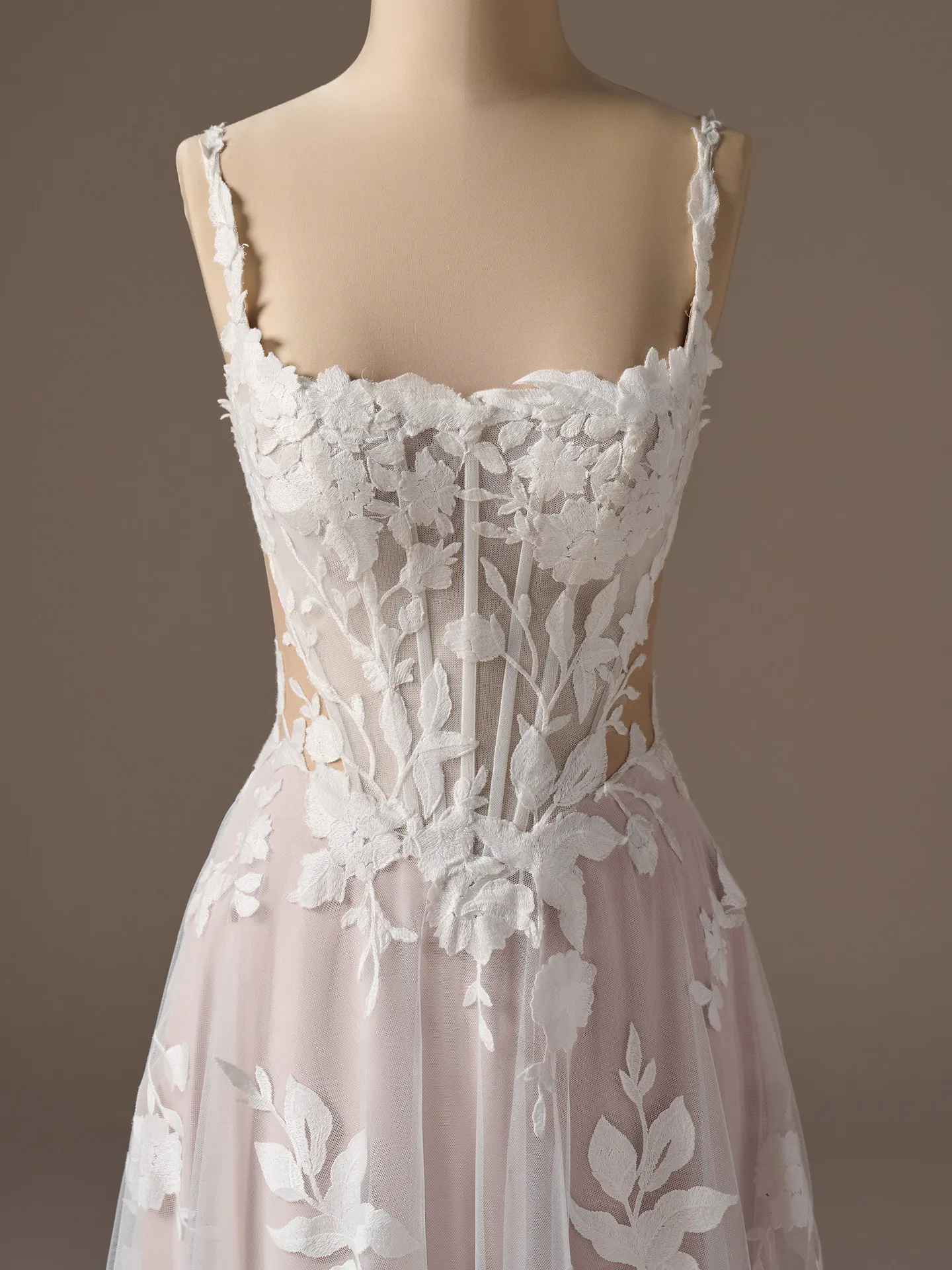 Maggie Sottero Natalie floral A-line bridal dress close-up.
