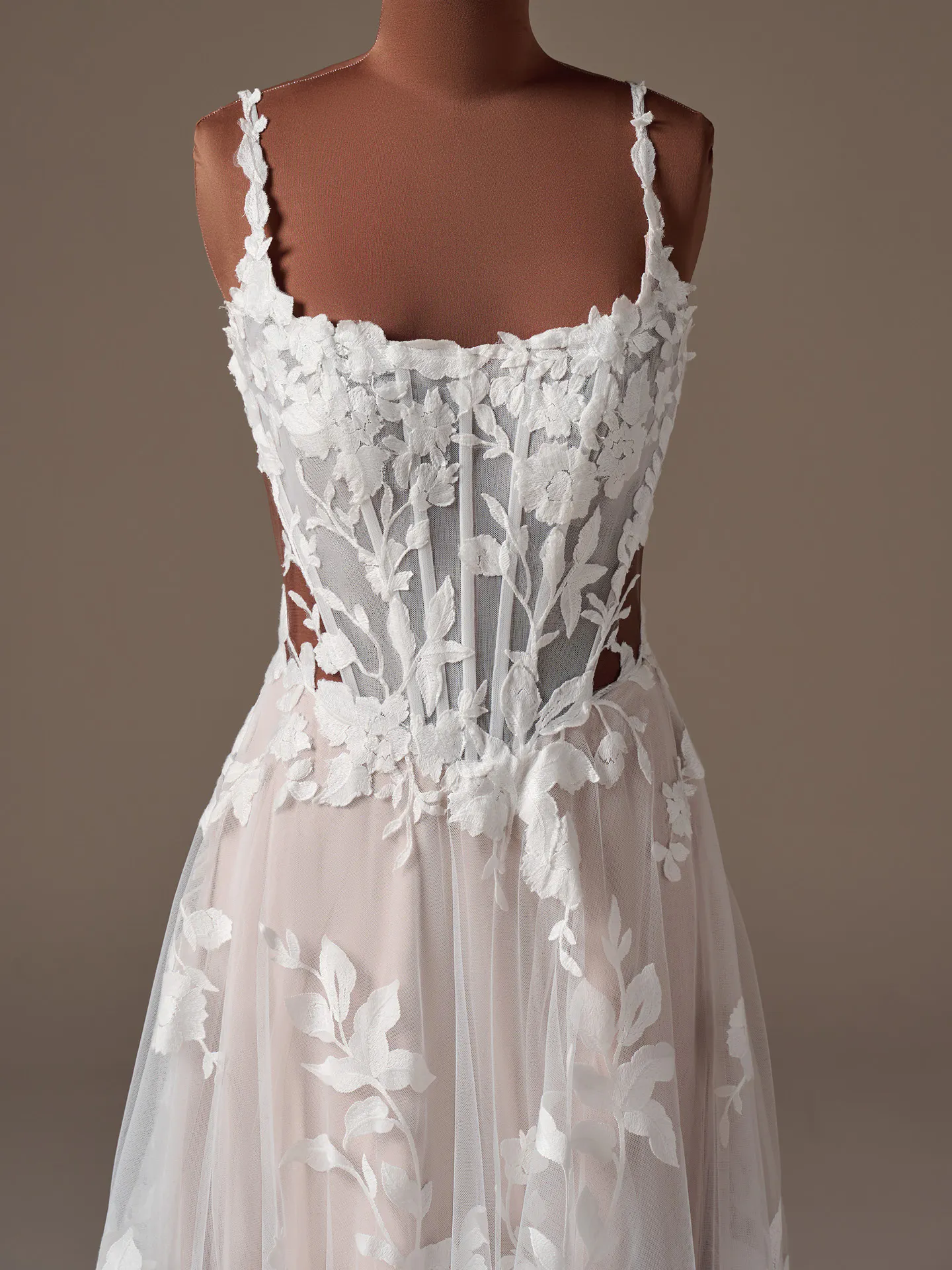 Maggie Sottero Natalie floral A-line dress, front view with lace detail.