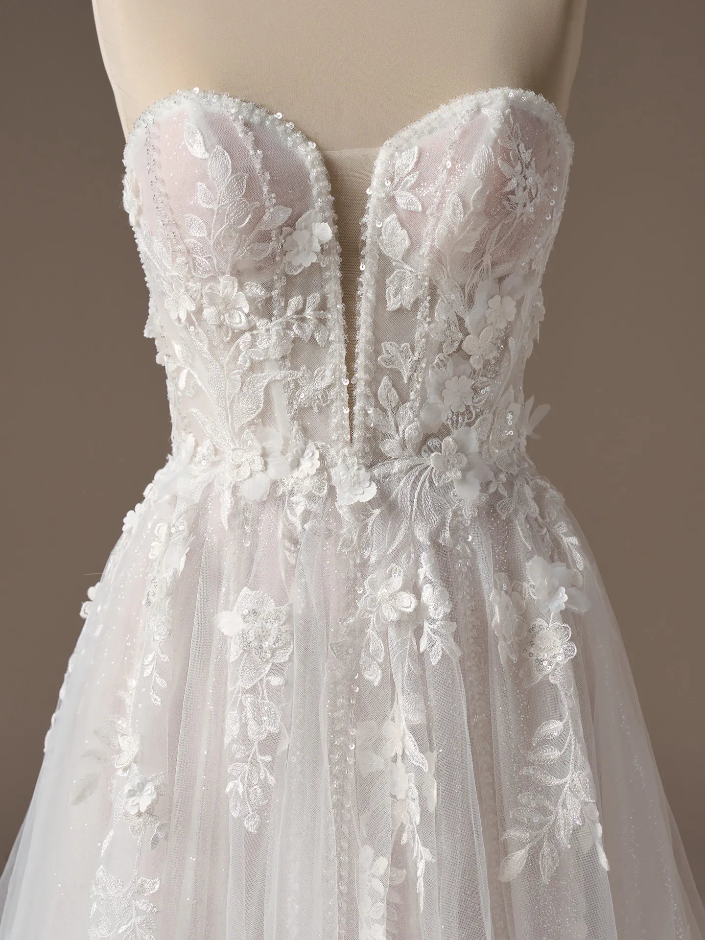 Rebecca Ingram Nora front view, D lace, A-line with side slit detail
