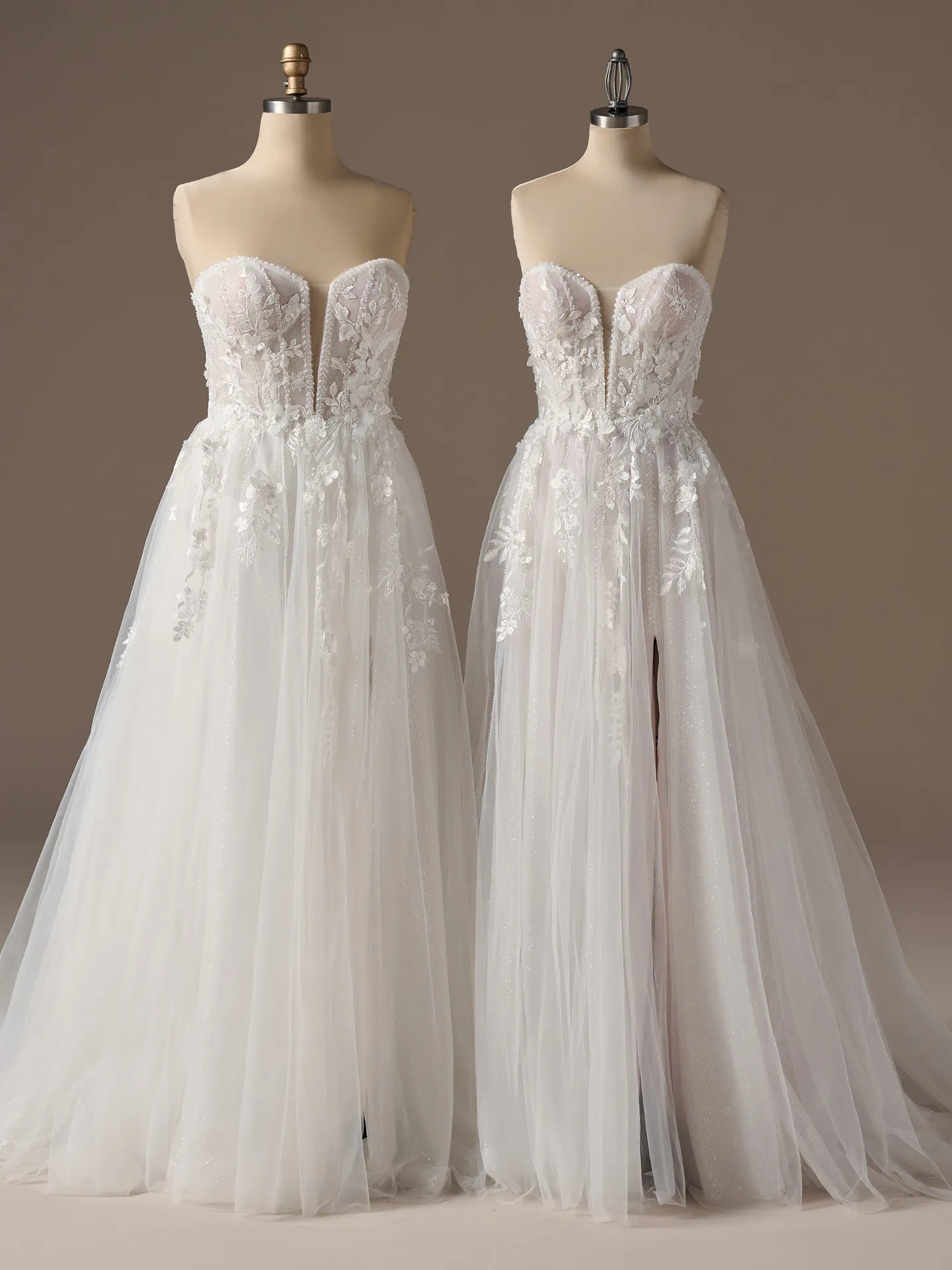 Rebecca Ingram Nora A-Line dress on mannequin with -D lace and side slit front view