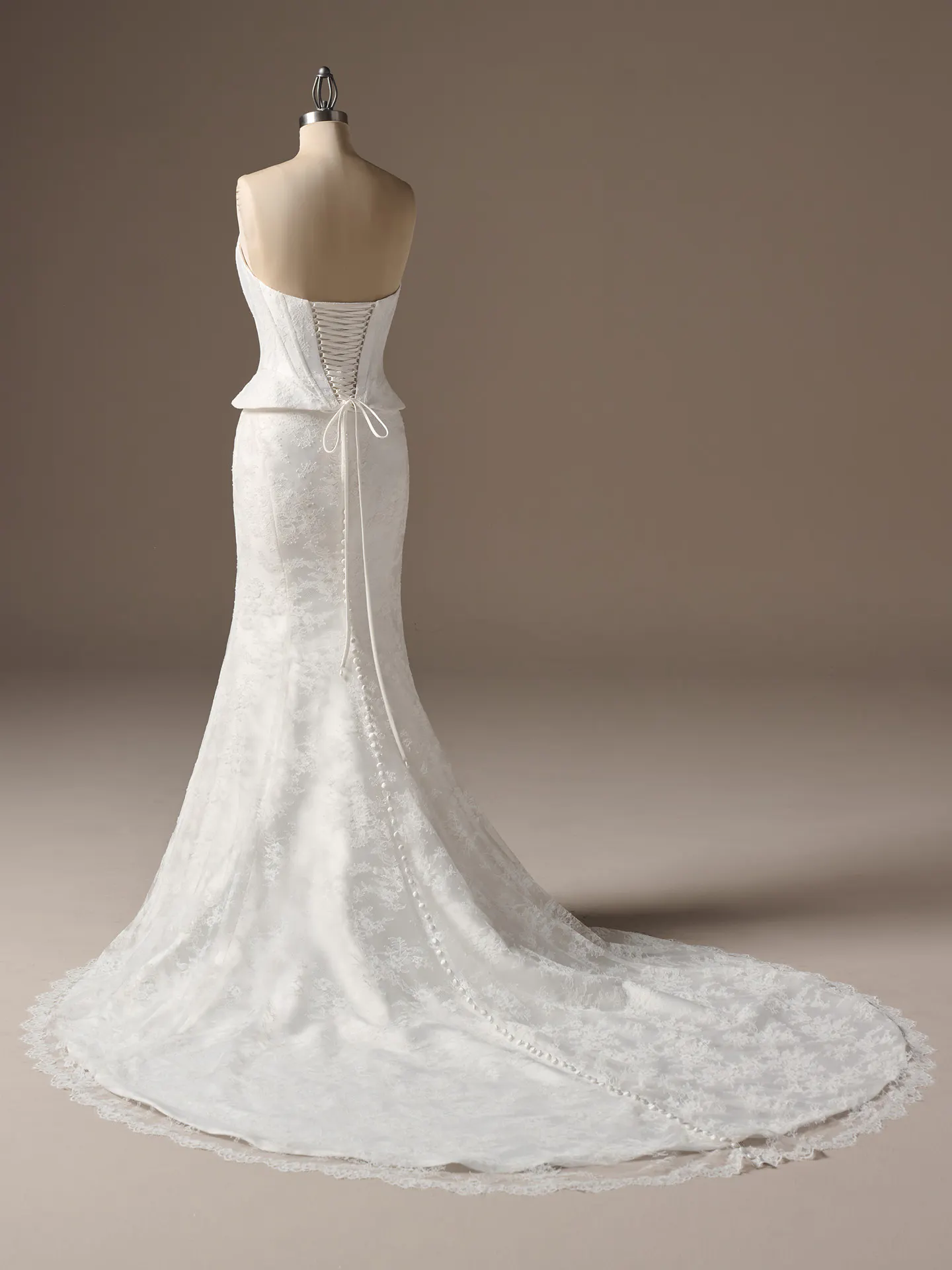 Sottero and Midgley Lassen, back view strapless chantilly lace sheath wedding dress.