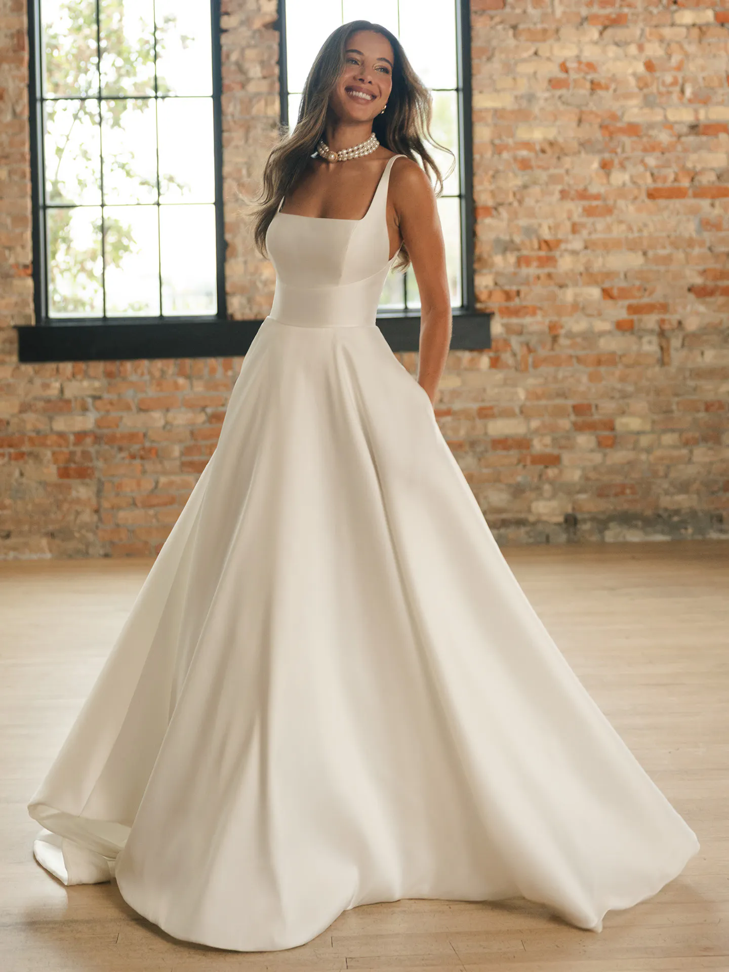 maggie sottero a line dress Galina Square Neck A-Line Wedding | the gown features a its my birthday month Light Blue 3/4 Sleeve Tamaño:3XL