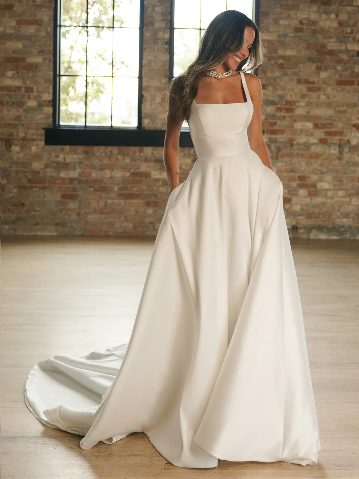 Maggie Sottero Galina square neck A-line dress, front view.