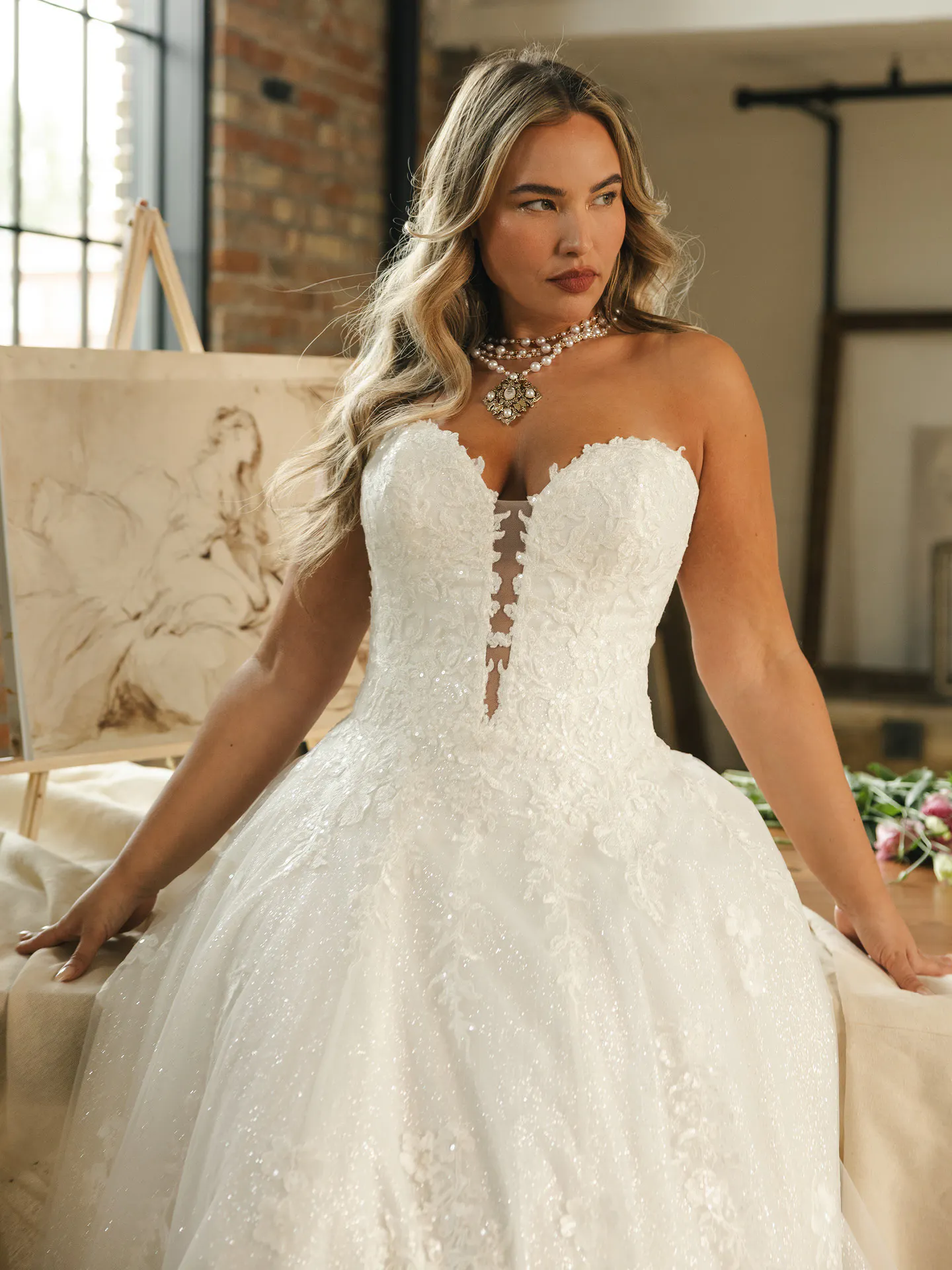 Maggie Sottero Jennifer V-neck A-line sequin wedding dress, front view.