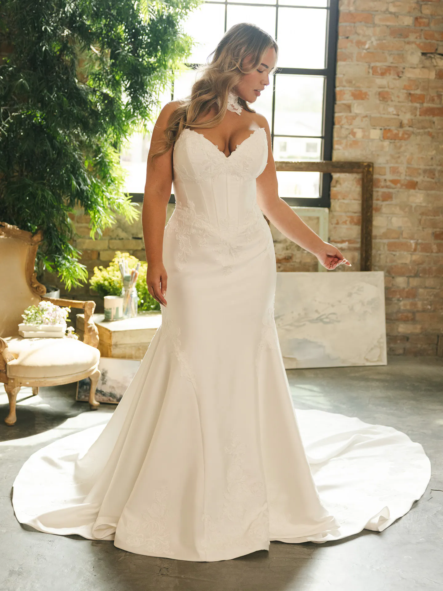 Serafina basque waist satin ball gown wedding dress, front view.
