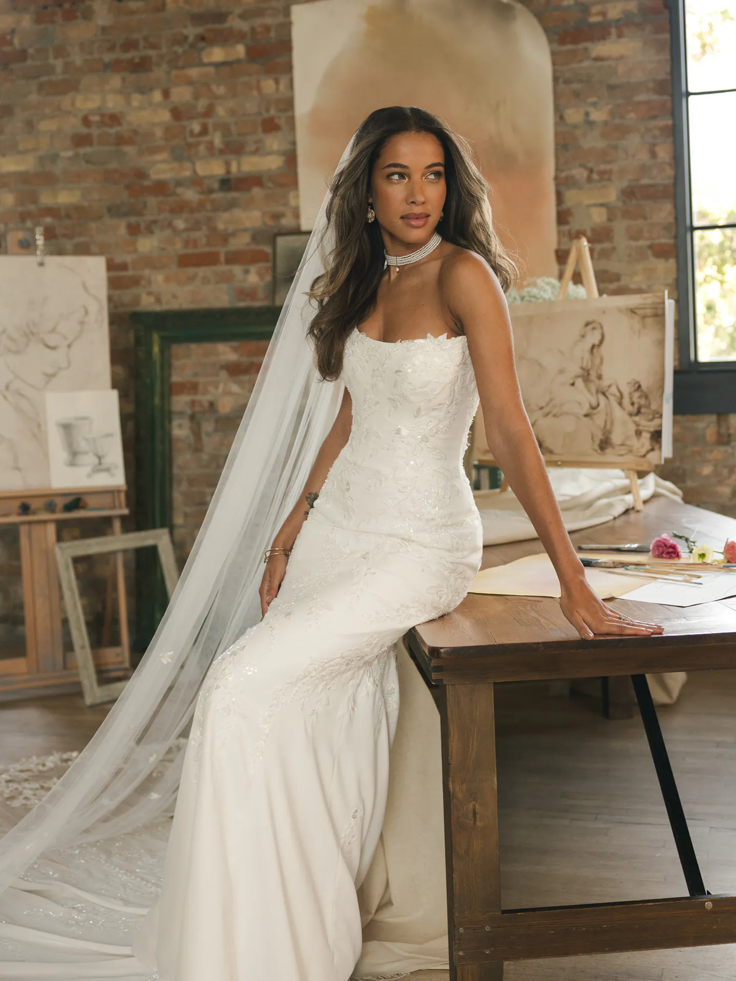 Maggie Sottero Thera sequin lace fit-and-flare dress, front view.