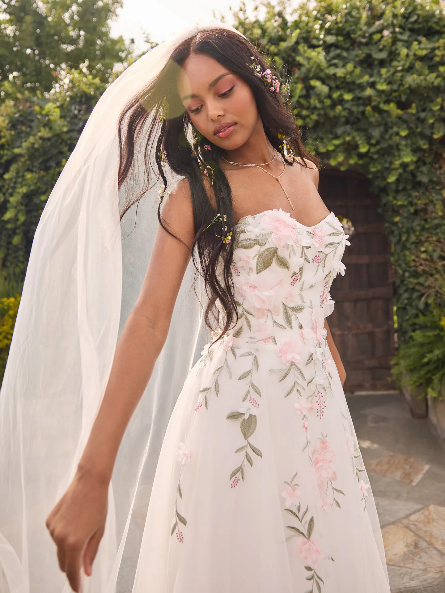 Rebecca Ingram Blossom, front view strapless floral lace A-line wedding dress.