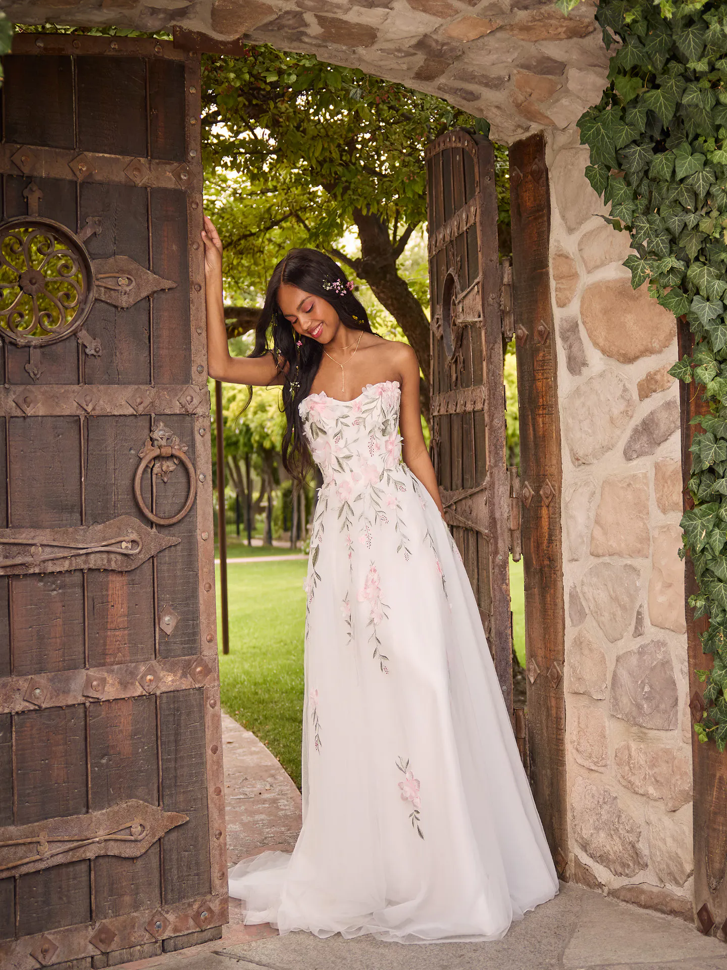 Rebecca Ingram Blossom strapless A-line wedding dress, front view.