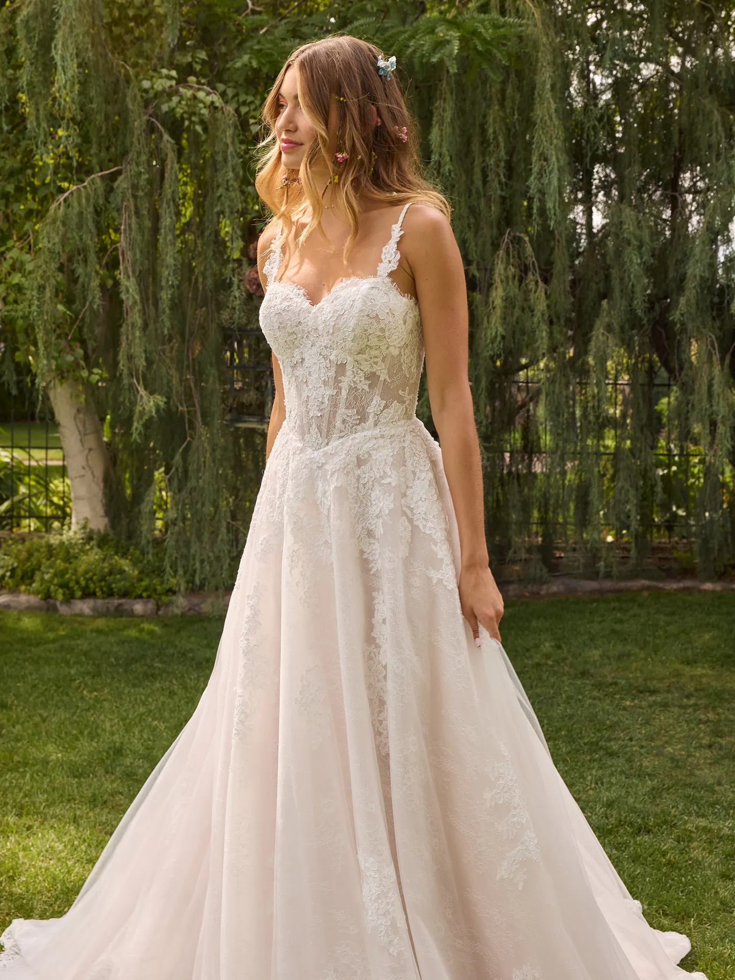 Rebecca Ingram Esmeralda A-Line wedding dress front view in garden