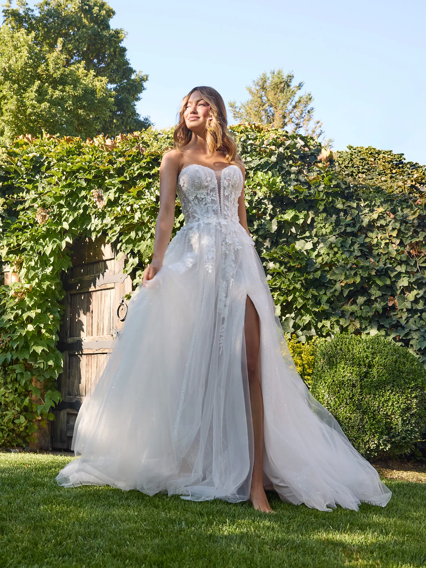 Nora 3-D Lace Plunge Side Slit A-Line Wedding Dress | Rebecca Ingram
