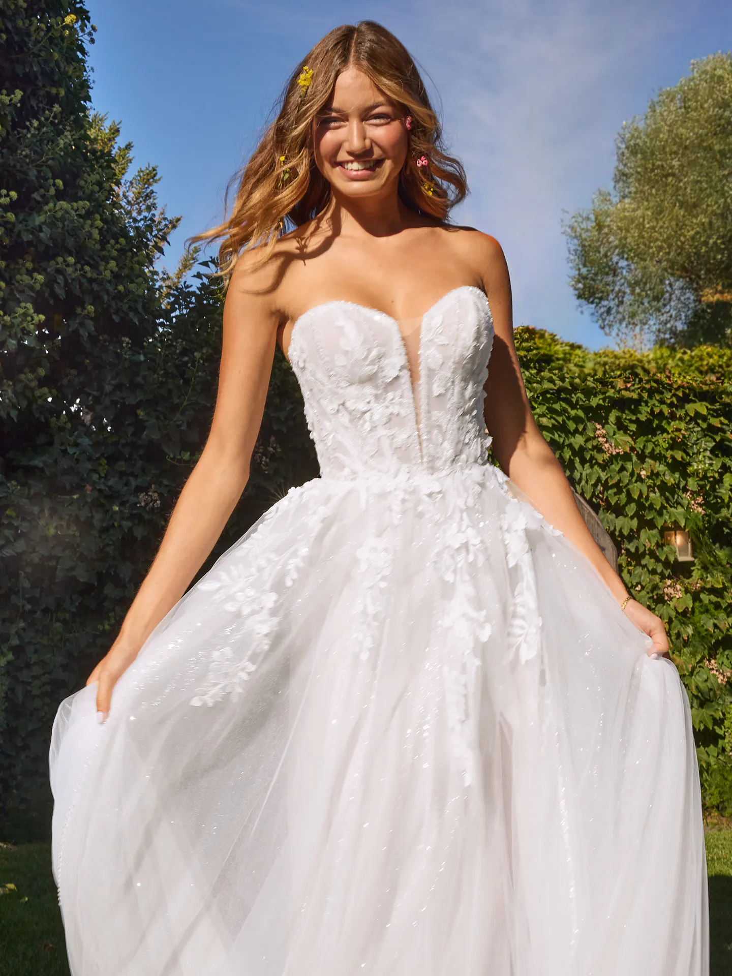 Rebecca Ingram Nora front view, -D lace, A-Line, garden background