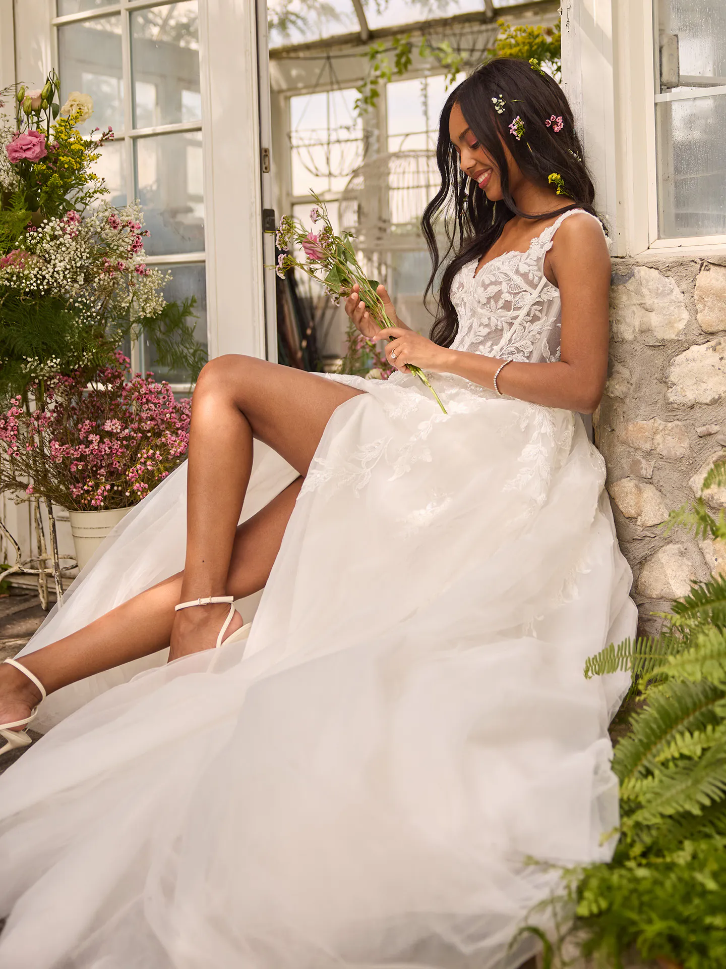 Rebecca Ingram Susan ballgown with sweetheart neck, illusion bodice in garden setting