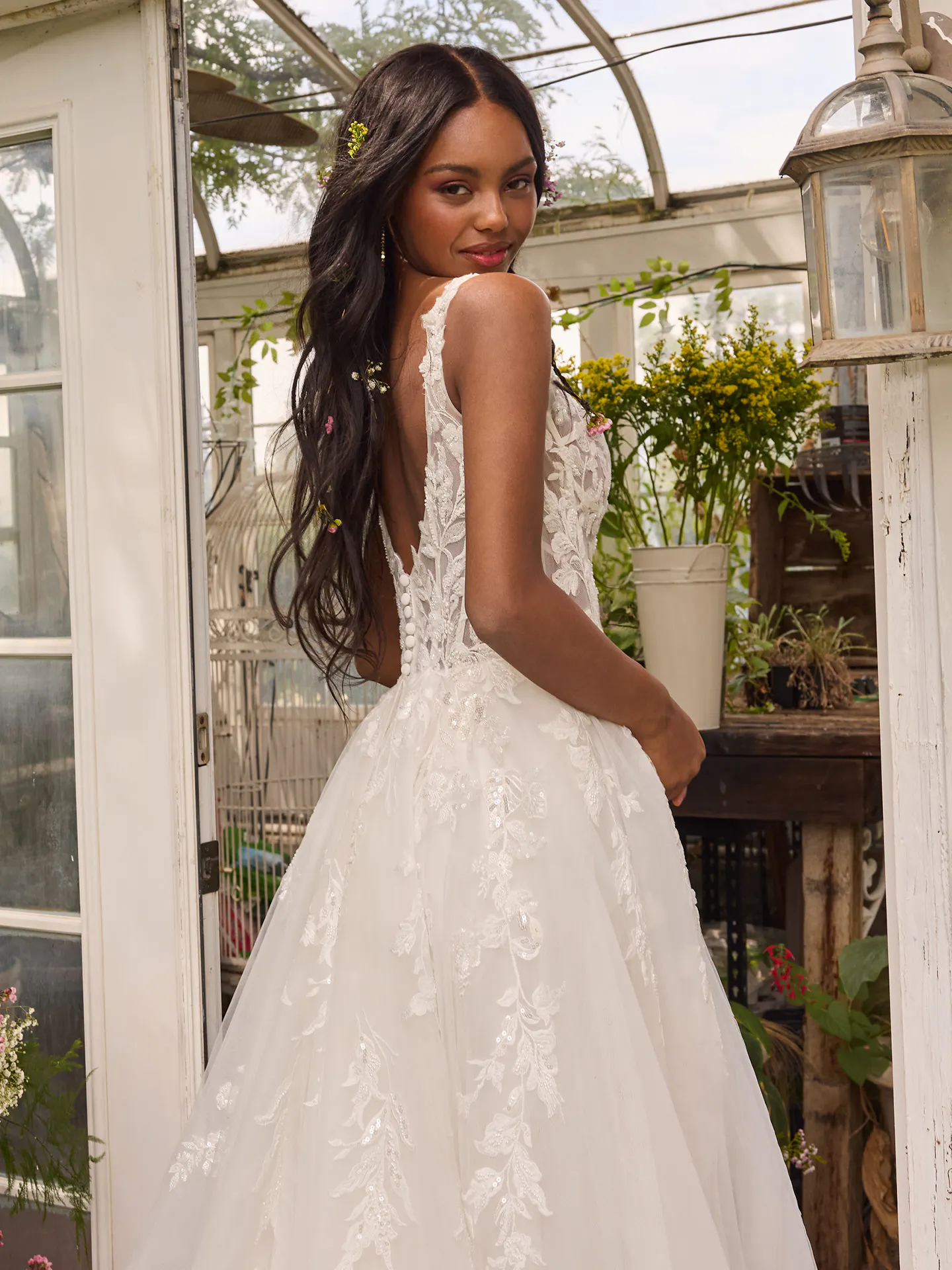 Rebecca Ingram Susan back view, sweetheart neck, illusion bodice, ballgown dress in garden