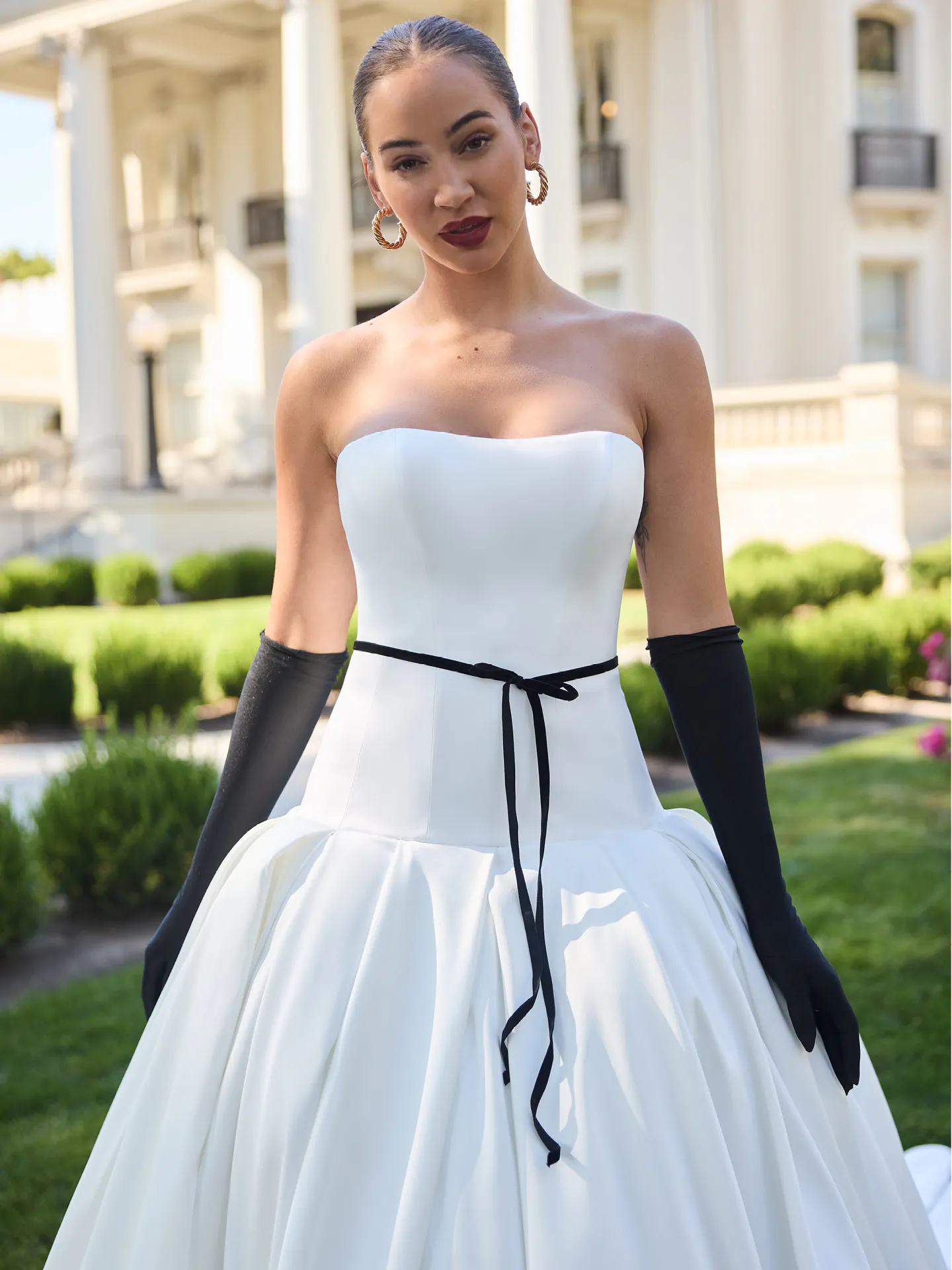 Maggie Sottero Adair strapless satin ballgown, front view.