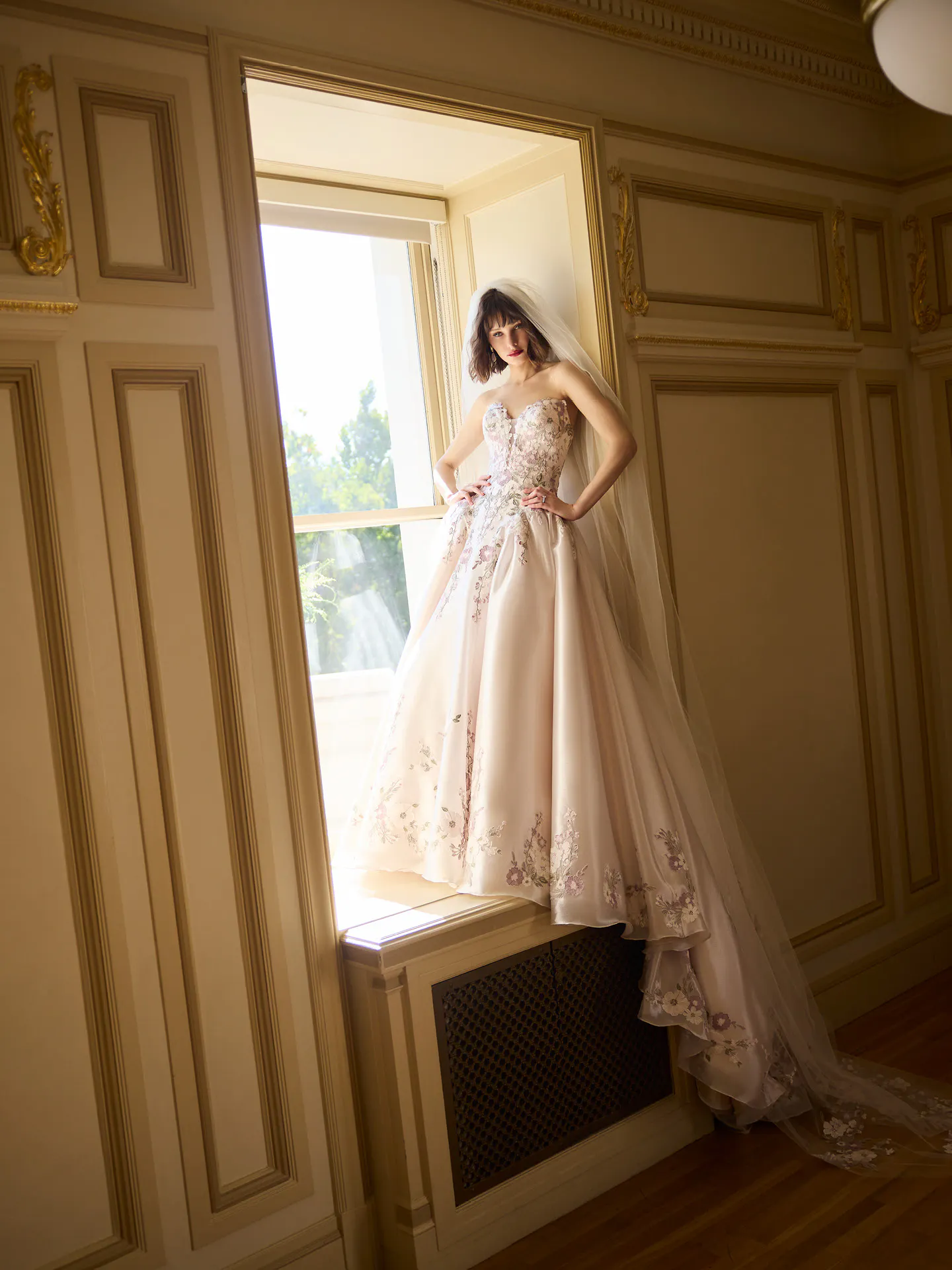Maggie Sottero Alvarez floral lace ballgown, side view.