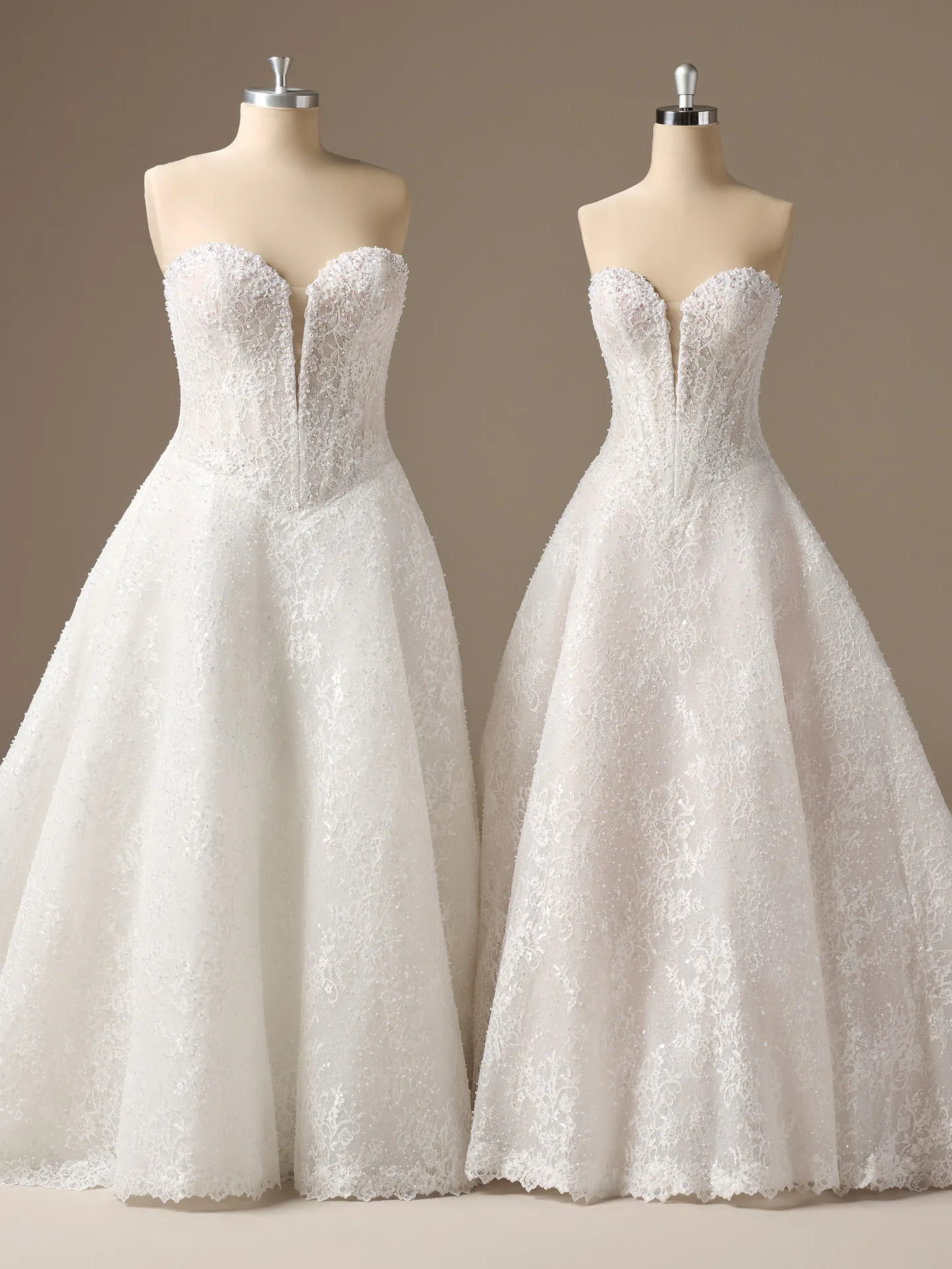Maggie Sottero Angelica beaded A-line wedding dress front view on mannequins Sottero and Midgley.