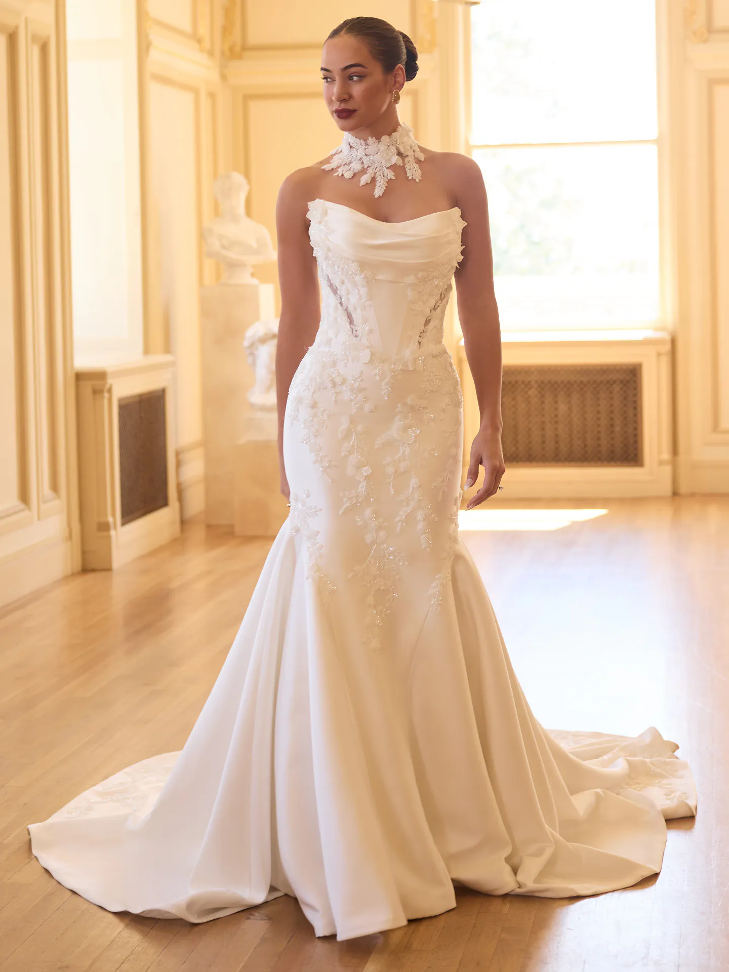Maggie Sottero Burke, front view, beaded lace fit-and-flare wedding dress.