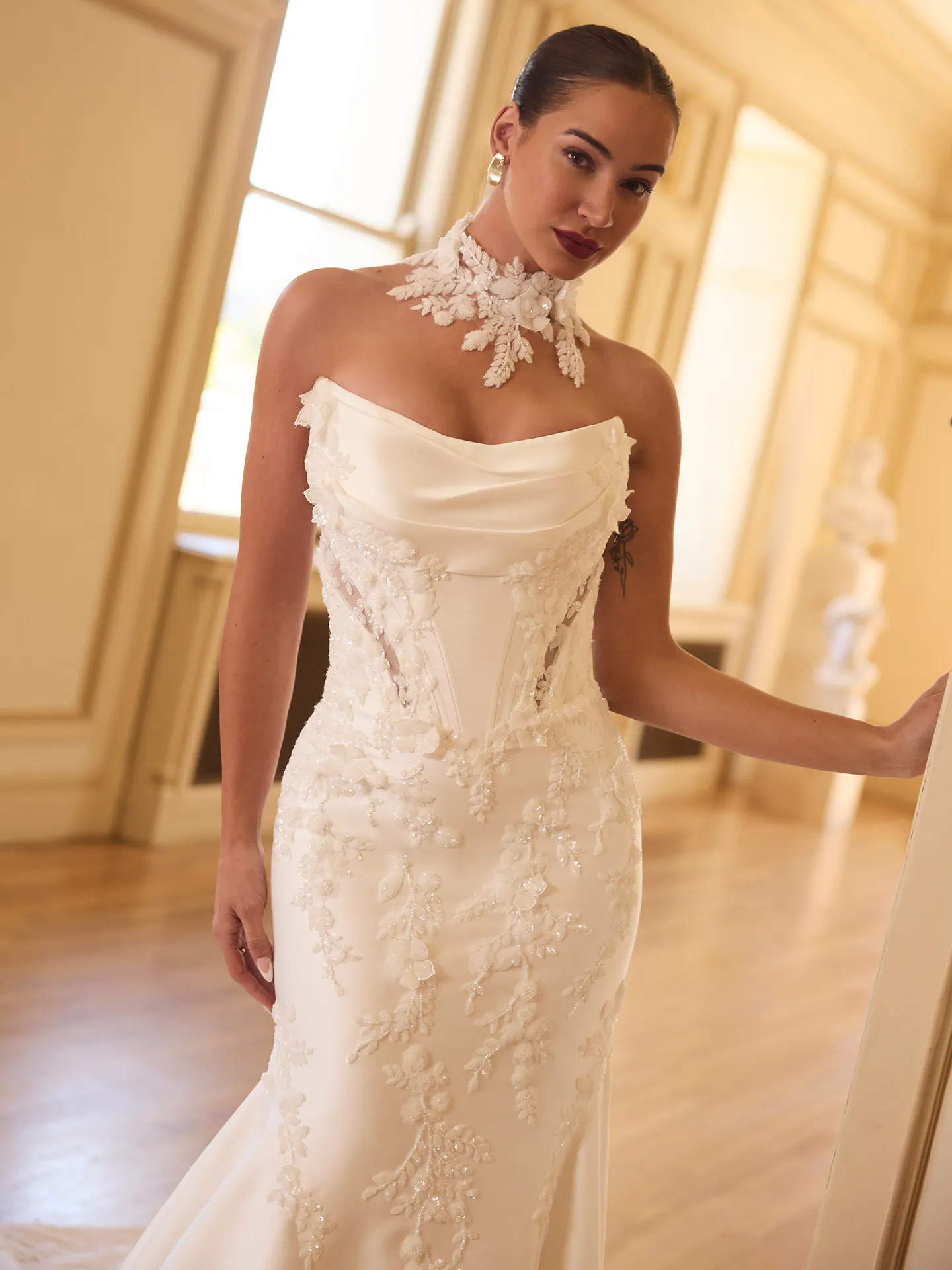 Maggie Sottero Burke beaded lace fit-and-flare, front view.