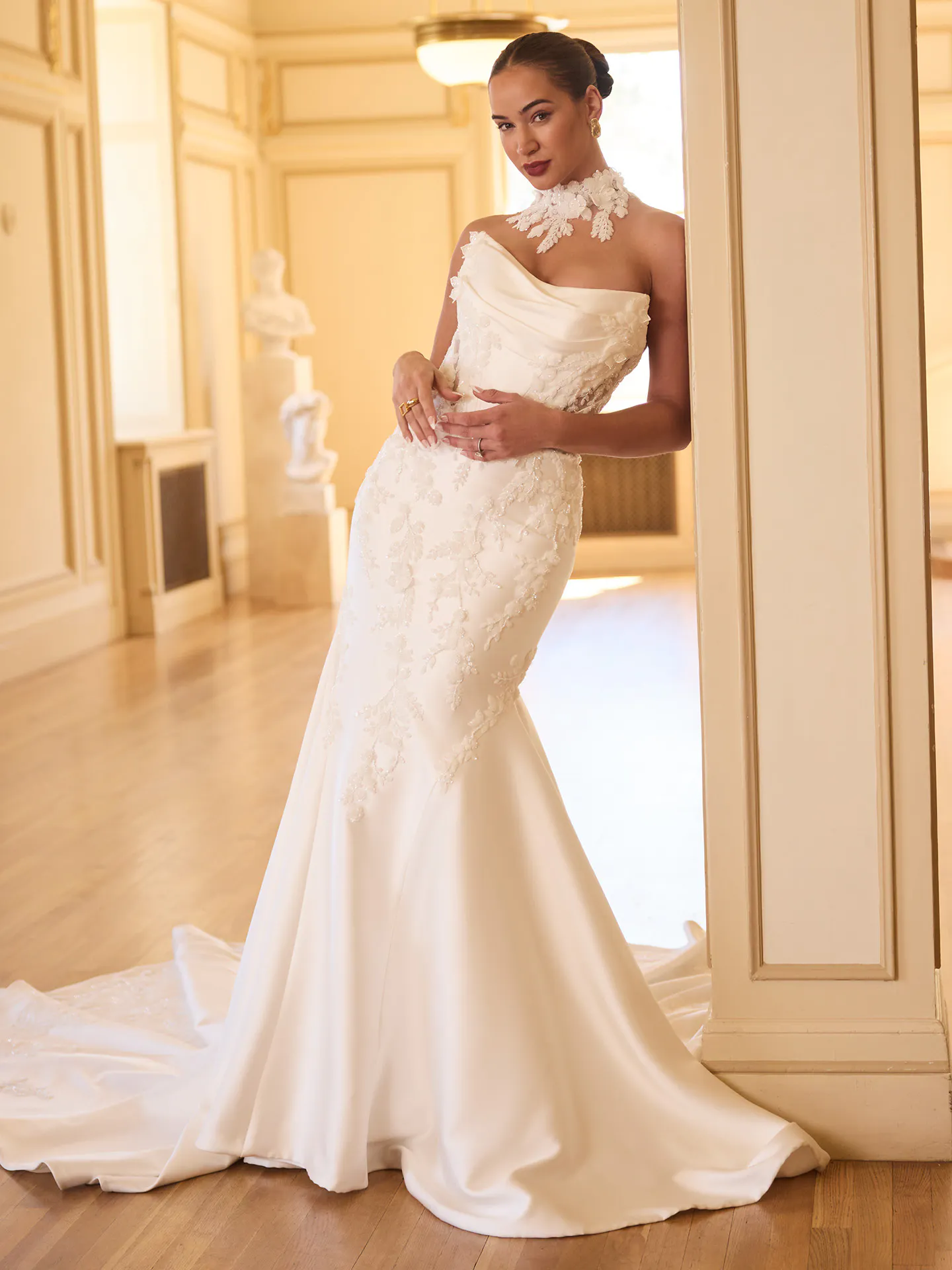 Maggie Sottero Burke, front view lace fit-and-flare wedding dress.