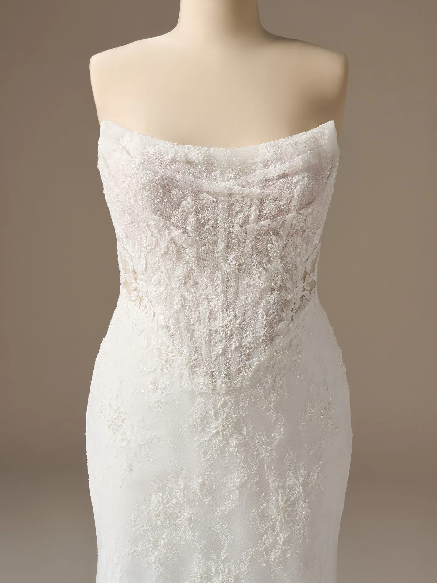 Sottero and Midgley Dublin lace corset bodice, front view.
