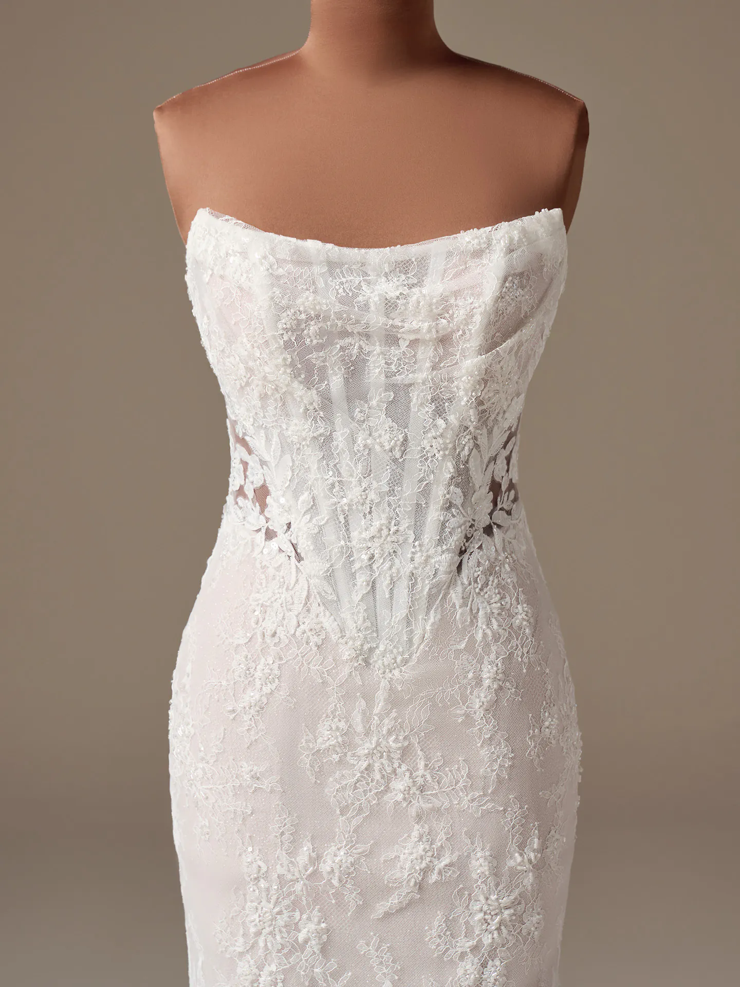 Sottero and Midgley Dublin lace strapless sheath dress, front view.