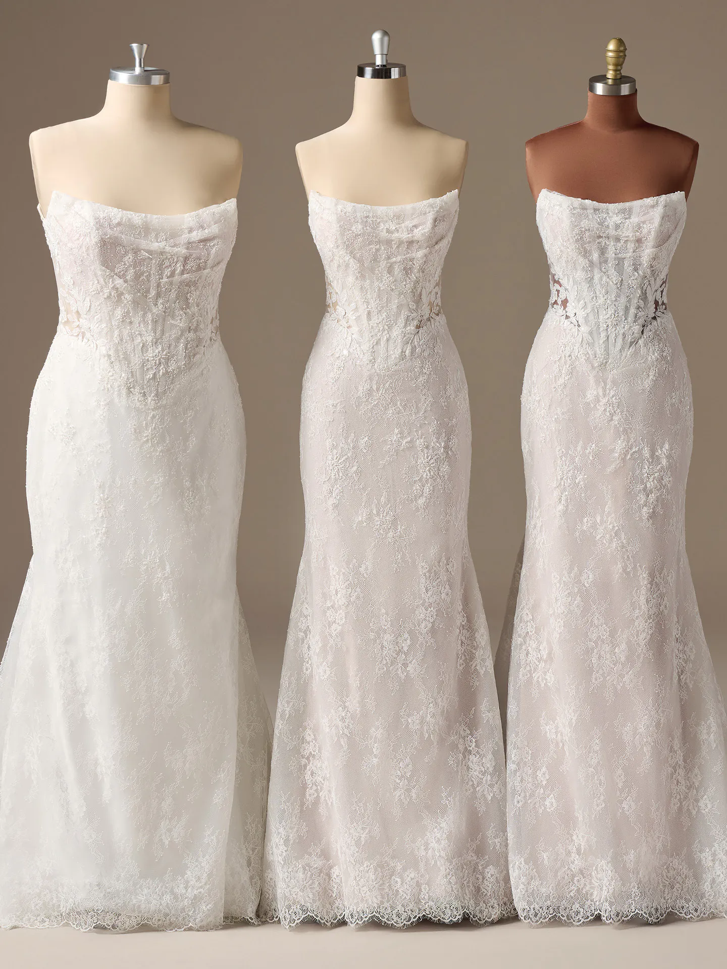 Sottero and Midgley Dublin lace sheath dress, front view on mannequins.