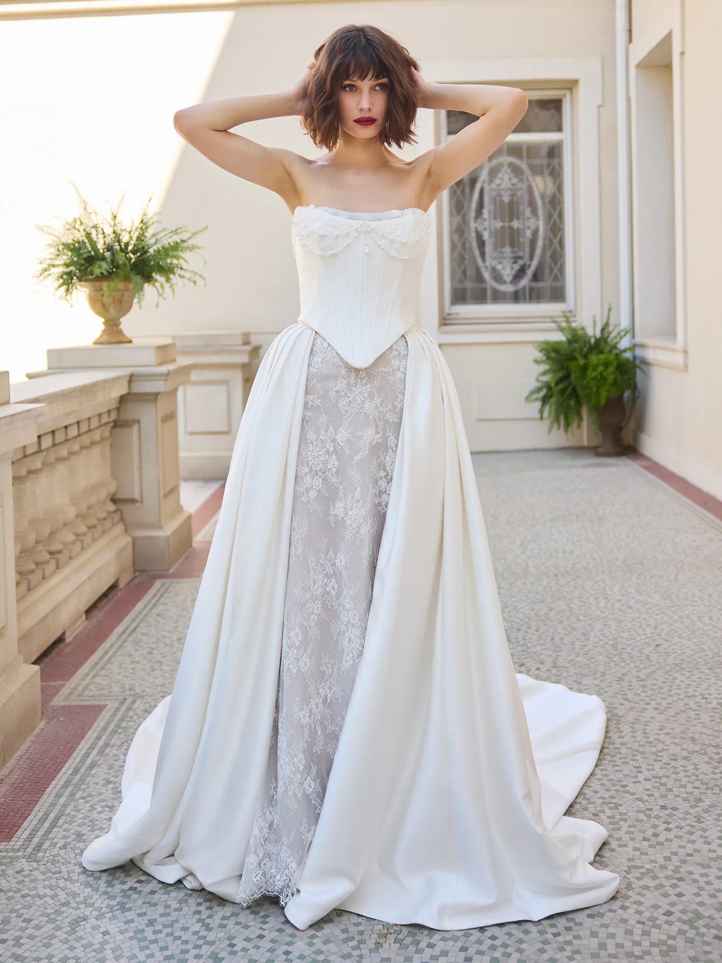 Sottero and Midgley Dublin, front view, lace sheath wedding dress with V-back.