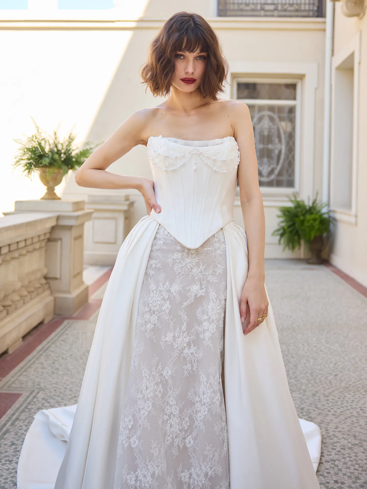 Sottero and Midgley Dublin, front view beaded lace sheath wedding dress.
