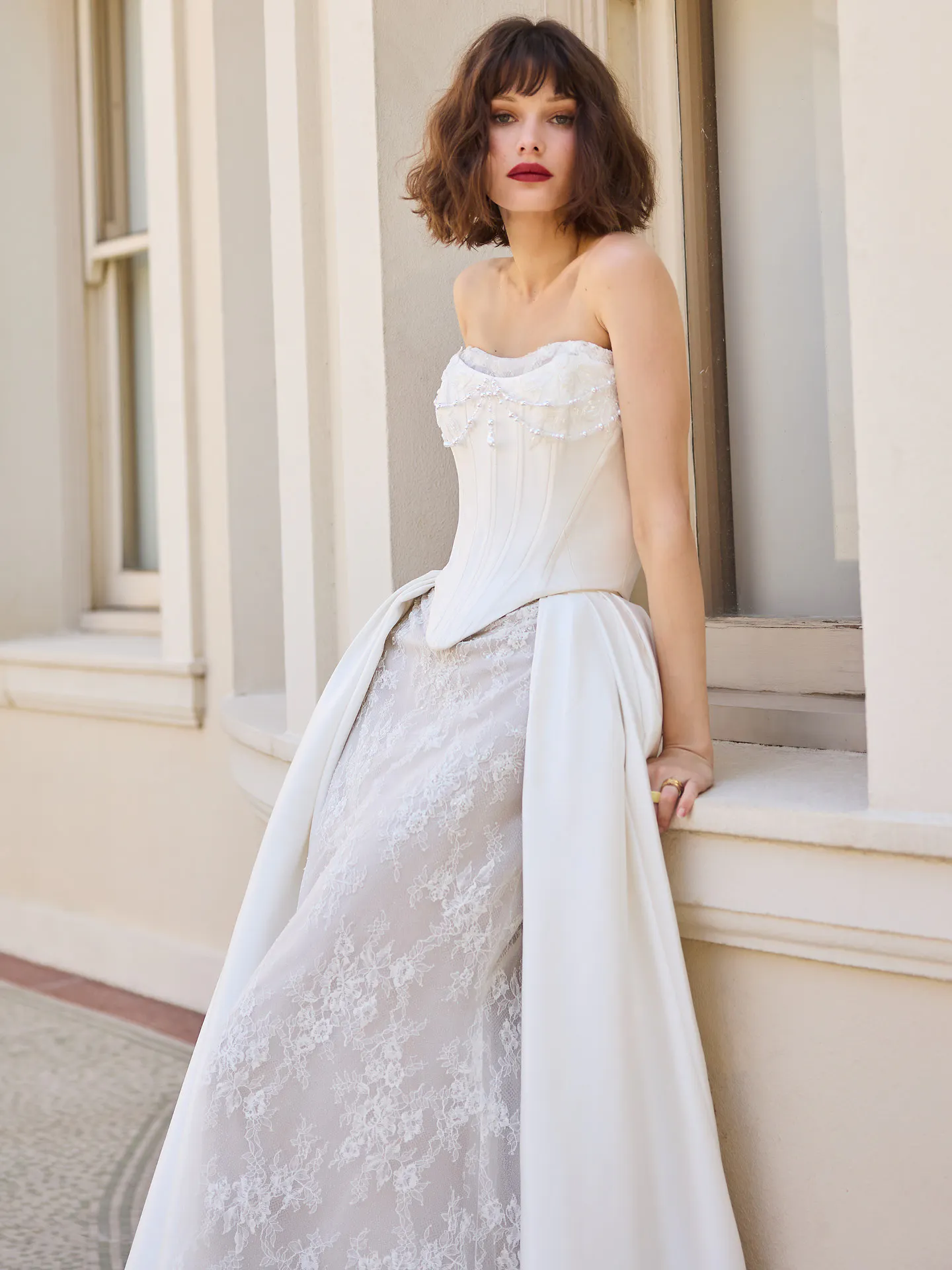 Sottero and Midgley Dublin, front view lace sheath wedding dress with V-back detailing.