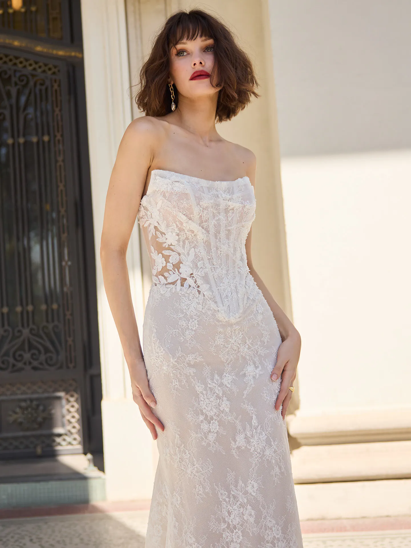 Sottero and Midgley Dublin, front view lace sheath wedding dress.