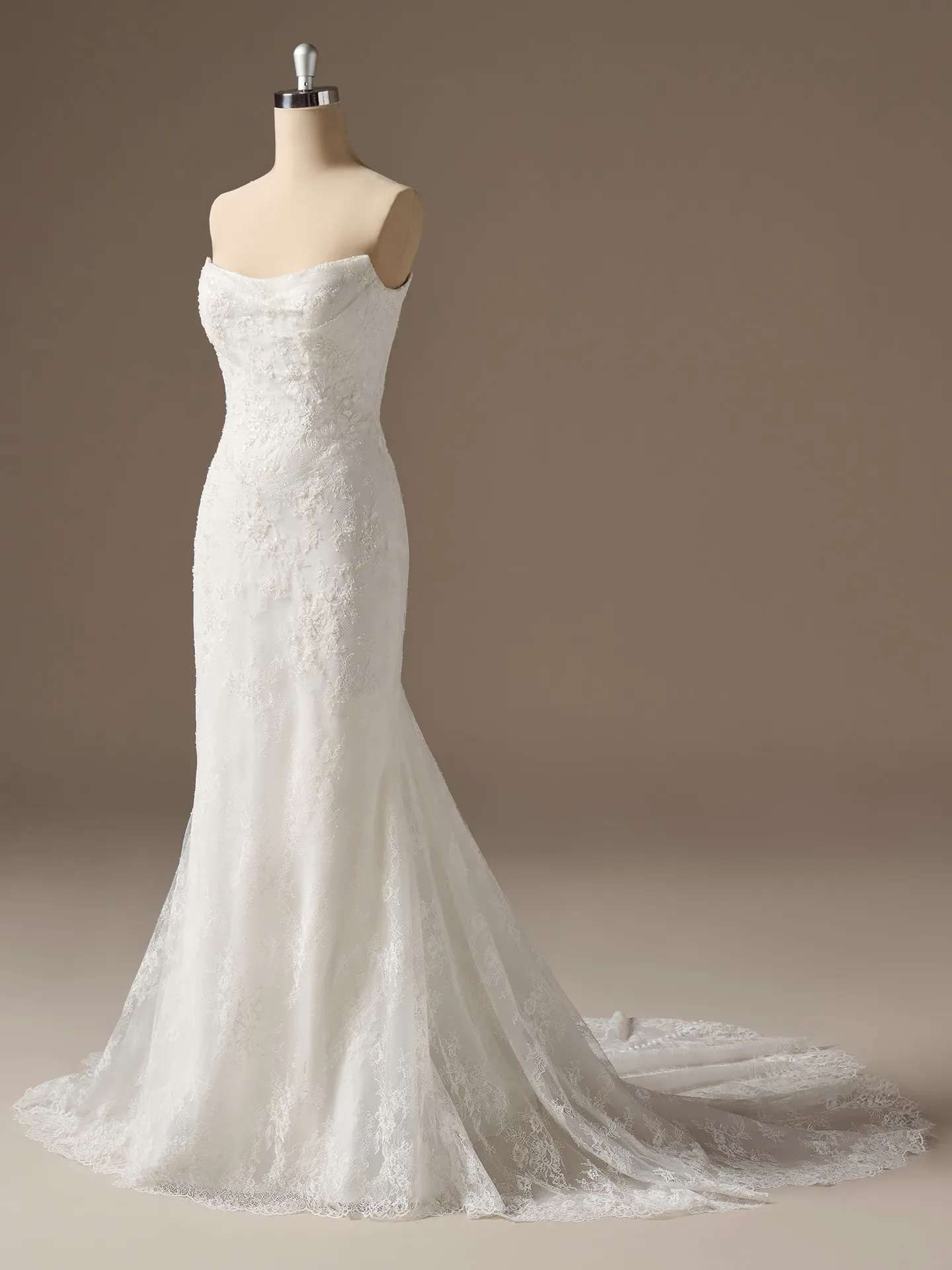 Sottero and Midgley Dublin, front view, beaded lace sheath wedding dress on mannequin.