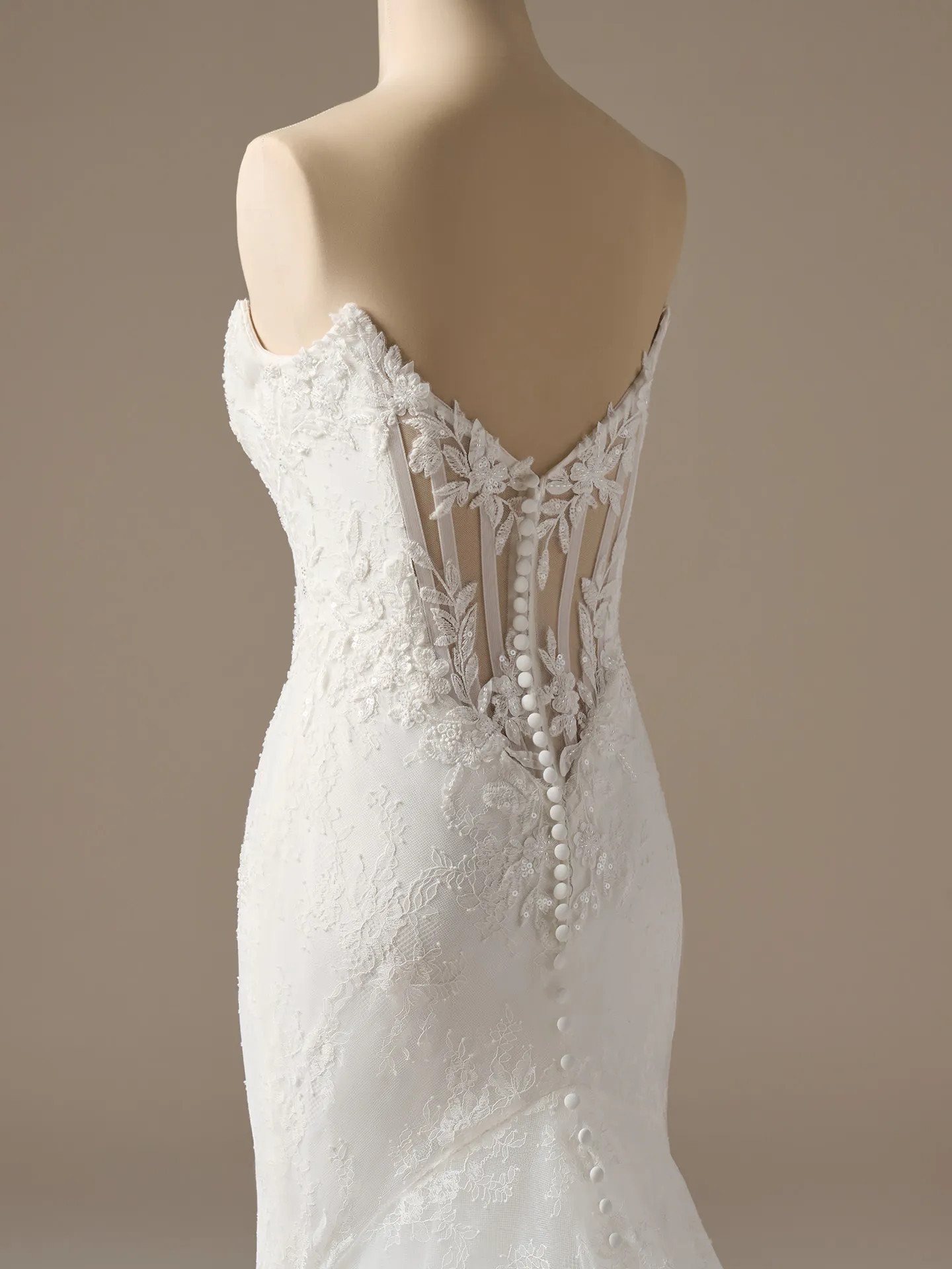 Sottero and Midgley Dublin lace V-back sheath wedding dress, back view.