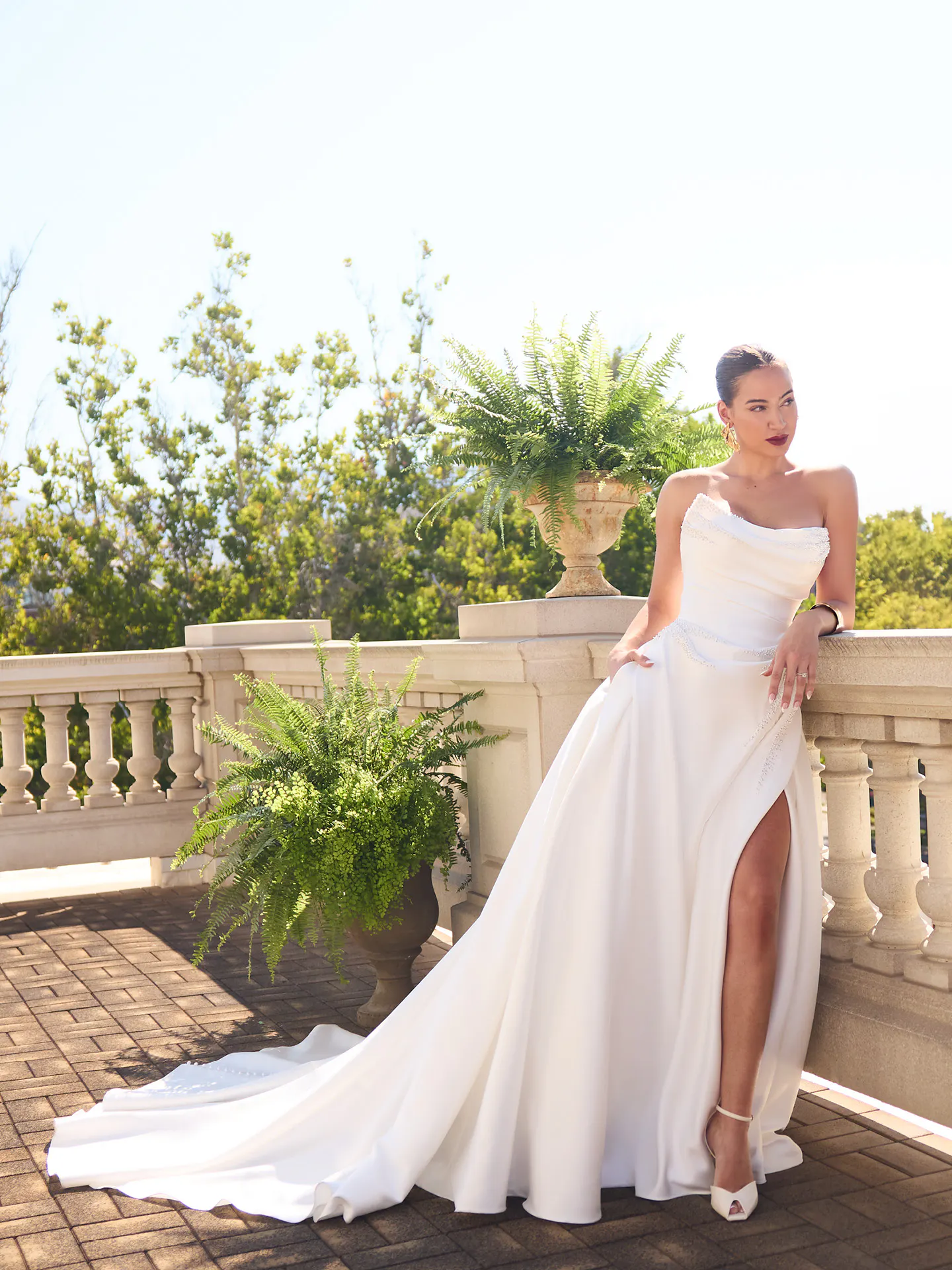 Sottero and Midgley Kincaid, front view, beaded satin ballgown with thigh-high slit.