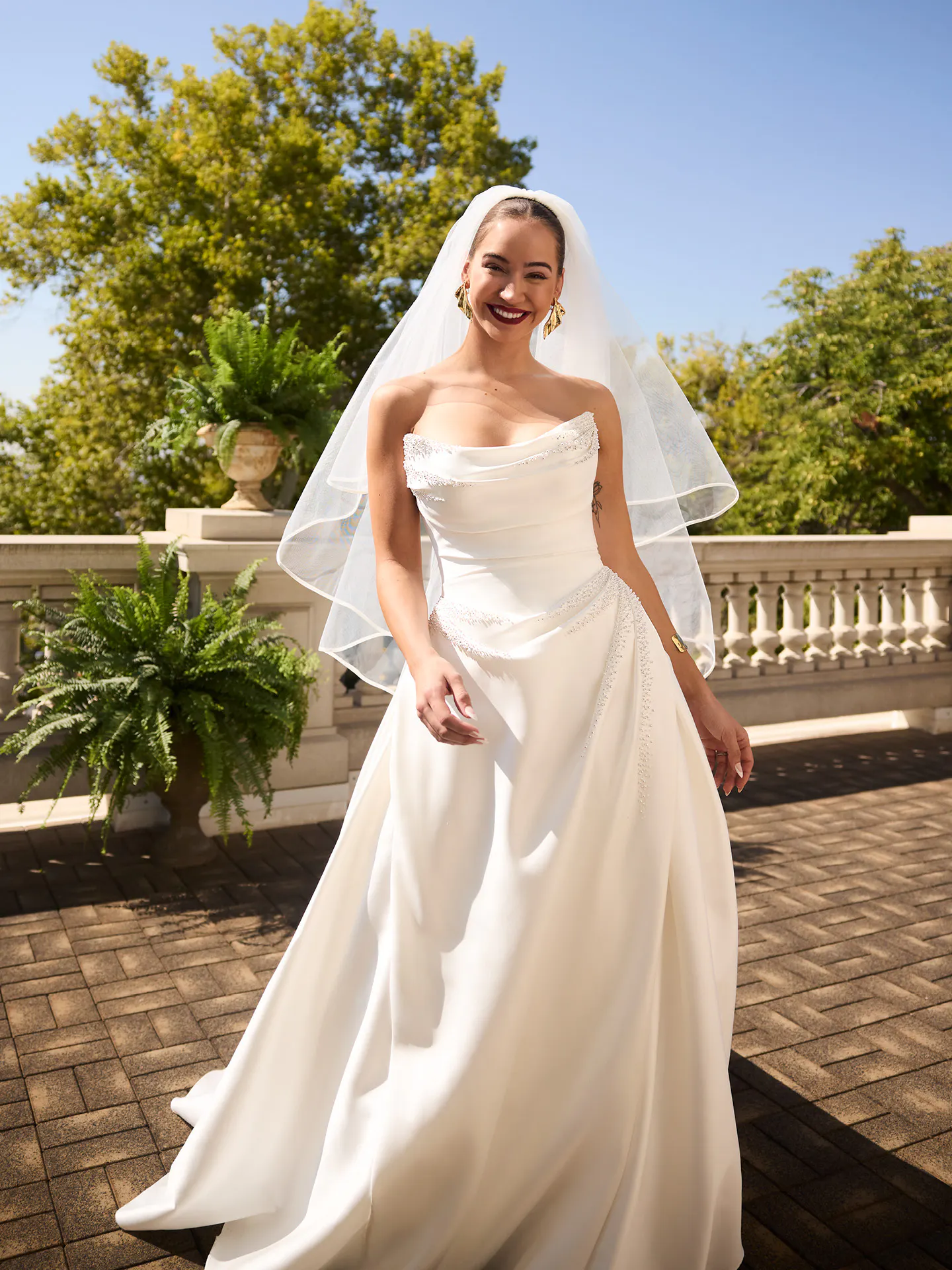 Sottero and Midgley Kincaid, front view beaded satin ballgown dress.