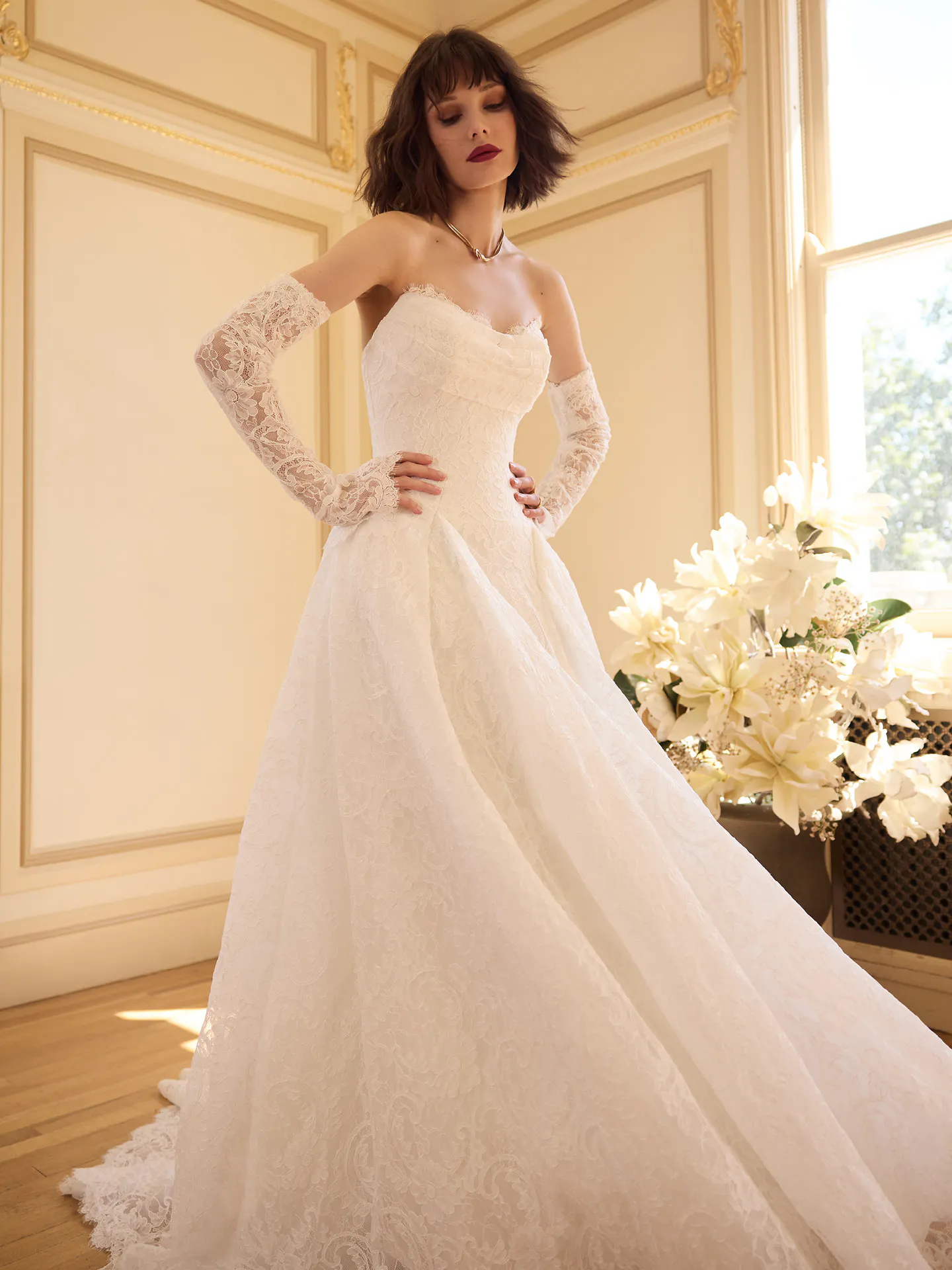 Sottero and Midgley Tamar, front view sweetheart lace A-Line dress with floral decor.