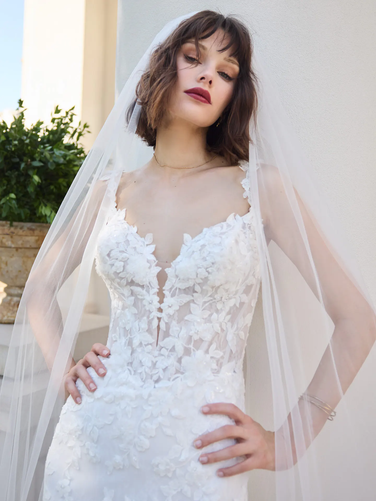 Sottero and Midgley West, front view, beaded lace fit-and-flare wedding dress.