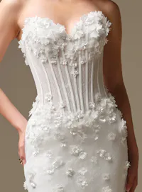 Maggie Sottero Akari, front view, 3-D flower fit-and-flare wedding dress.