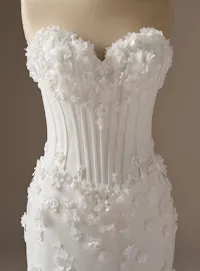 Maggie Sottero Akari, front view, 3-D flower Fit-and-Flare wedding dress.