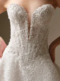 Maggie Sottero Angelica close-up beaded lace bodice A-line wedding dress.
